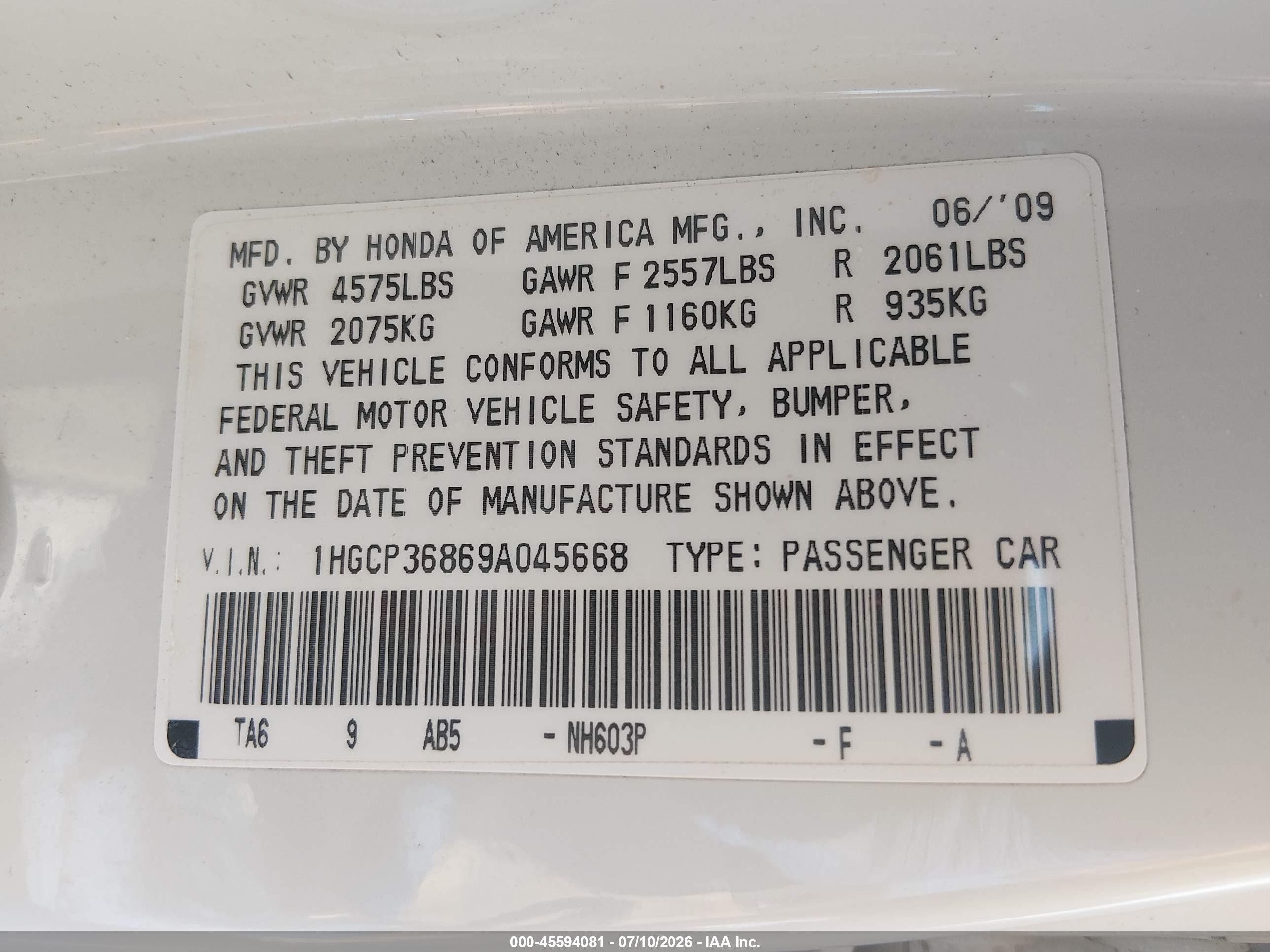 2009 Honda Accord 3.5 Ex-l White vin: 1HGCP36869A045668