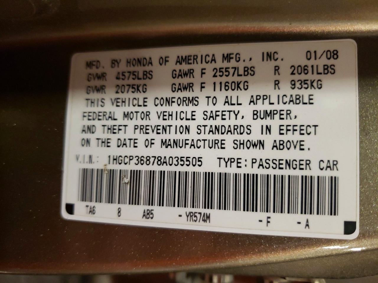 2008 Honda Accord Exl Золотой vin: 1HGCP36878A035505