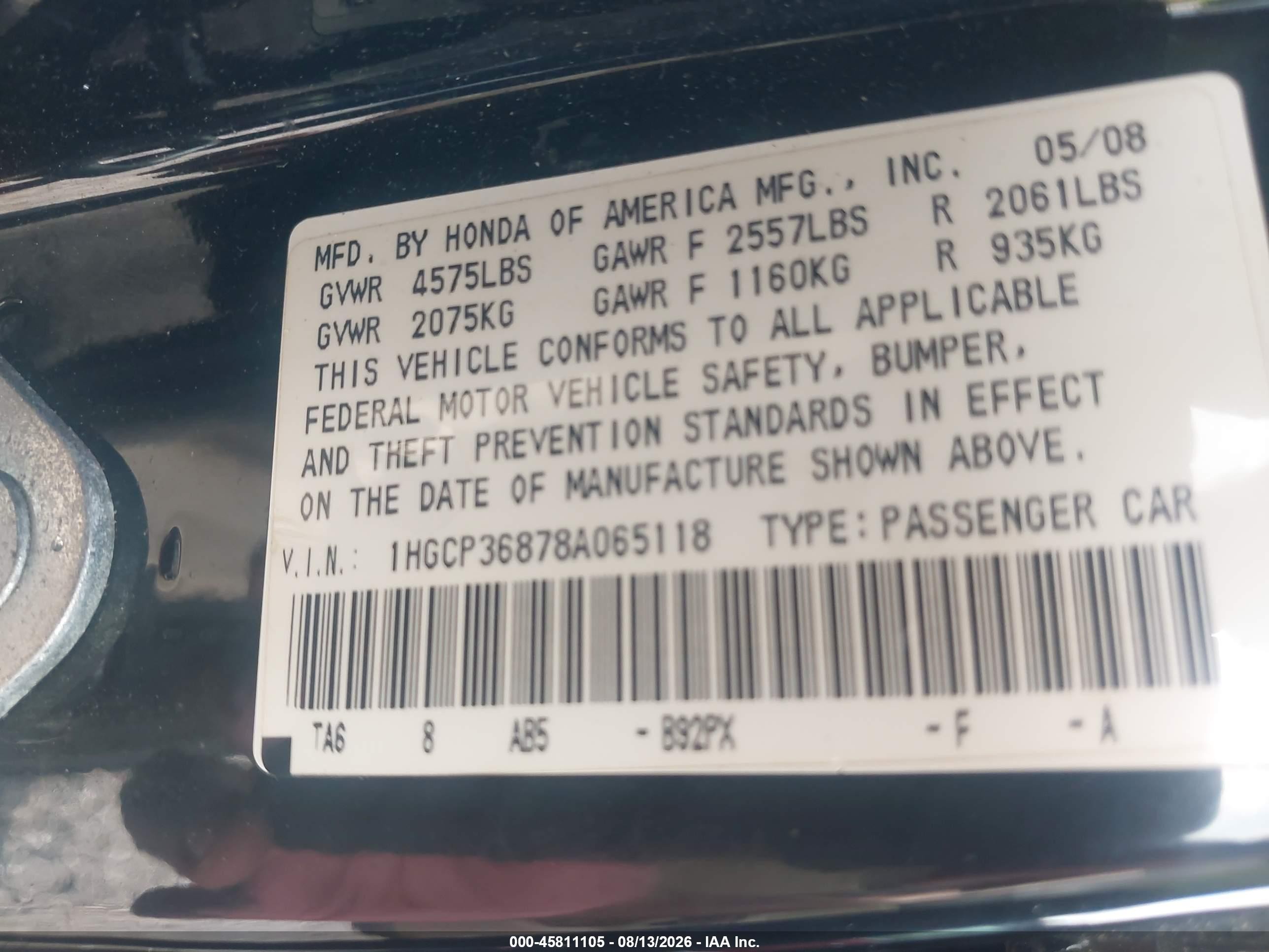 2008 Honda Accord 3.5 Ex-l Black vin: 1HGCP36878A065118