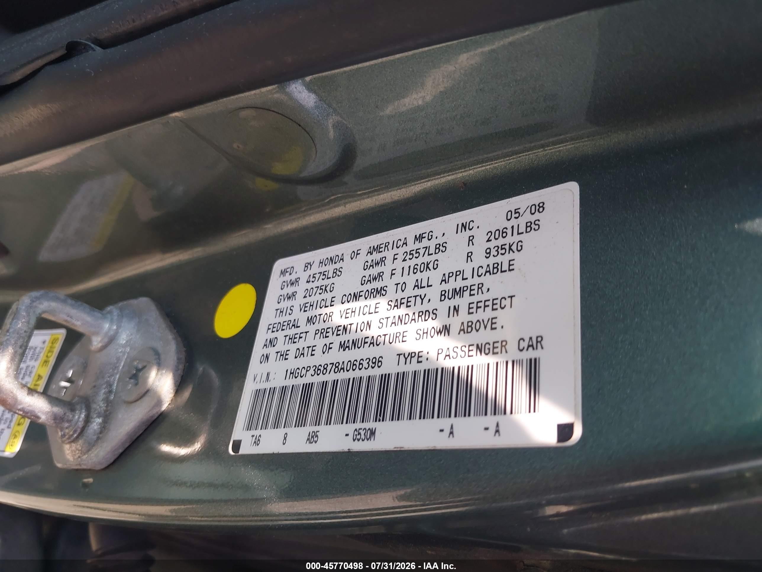 2008 Honda Accord 3.5 Ex-l Teal vin: 1HGCP36878A066396