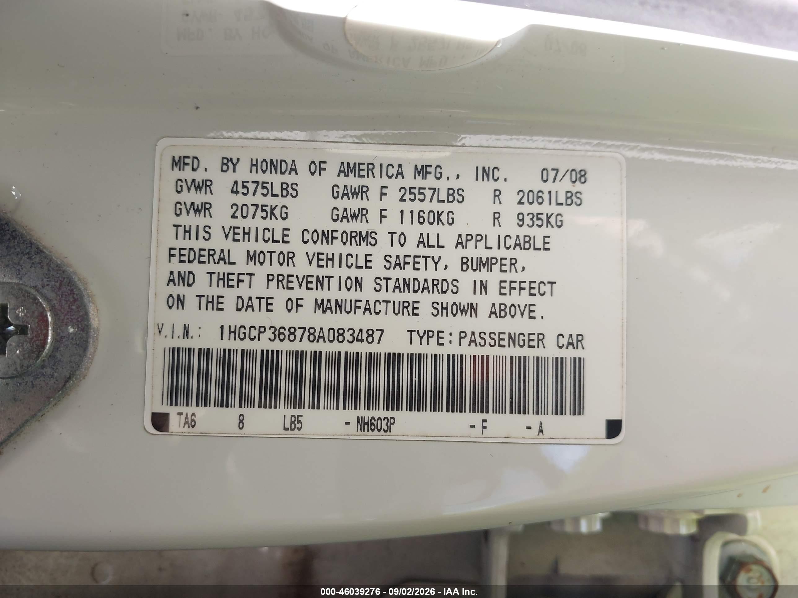 2008 Honda Accord 3.5 Ex-l White vin: 1HGCP36878A083487