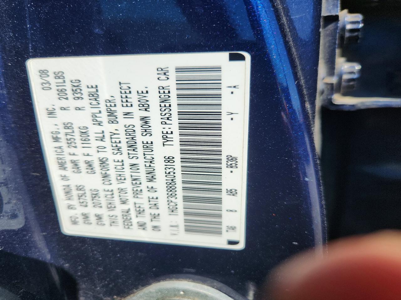 2008 Honda Accord Blue vin: 1HGCP36888A053186