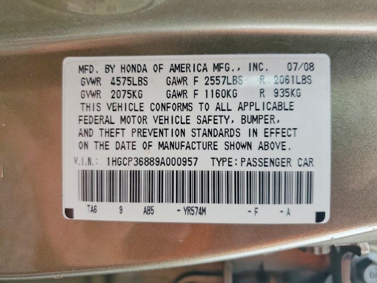 2009 Honda Accord Exl Gold vin: 1HGCP36889A000957