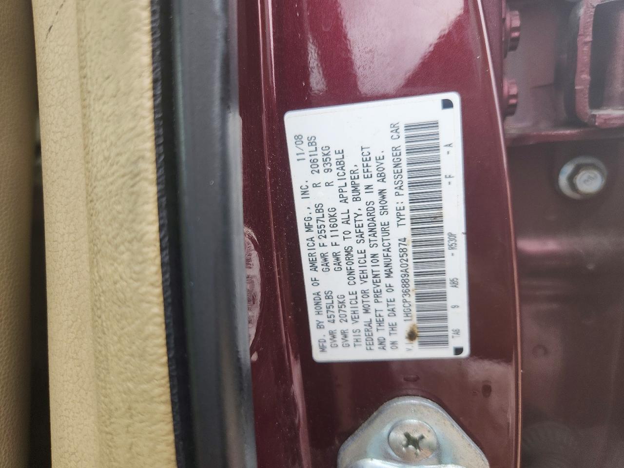 2009 Honda Accord Exl Burgundy vin: 1HGCP36889A025874