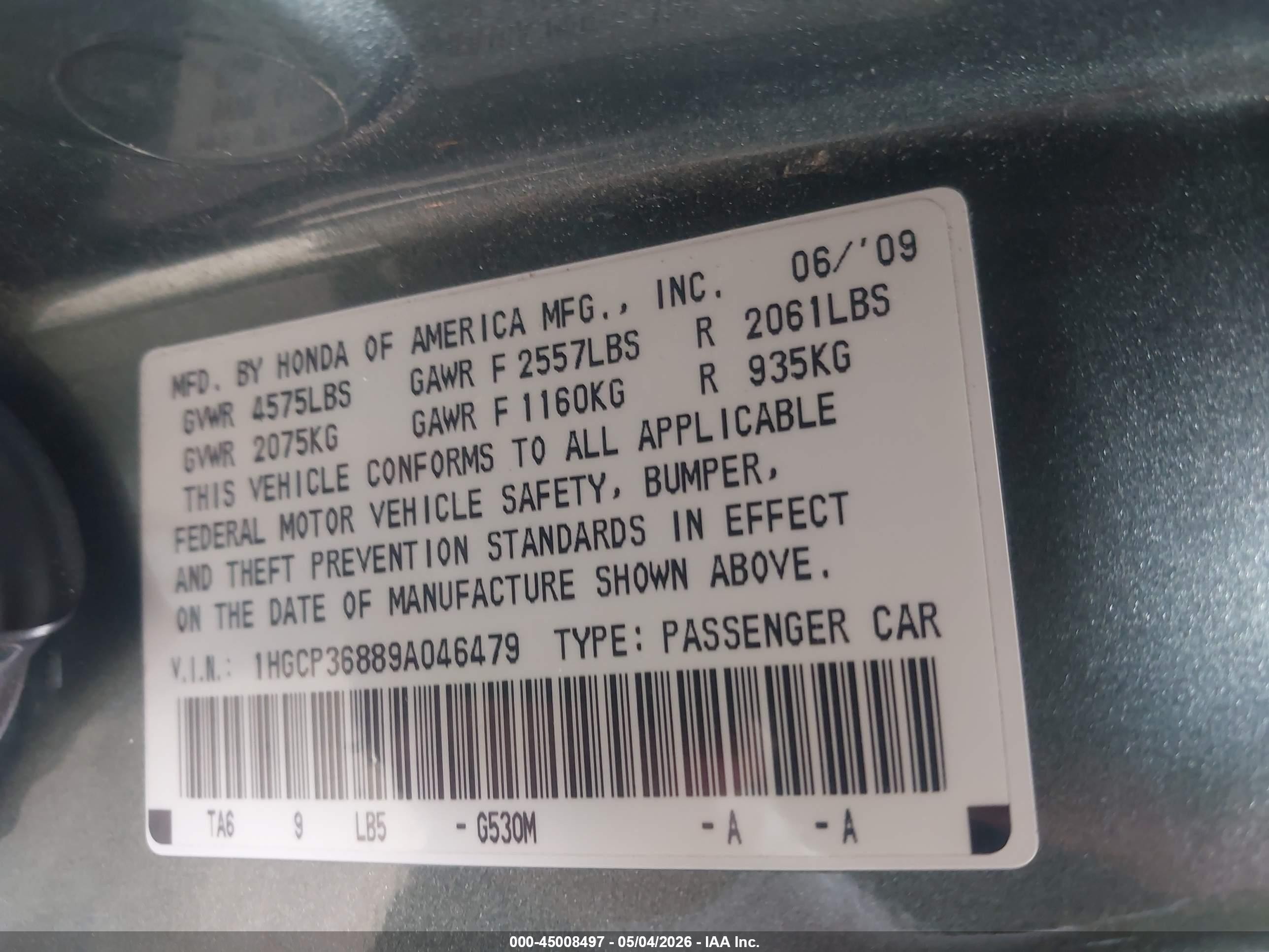2009 Honda Accord 3.5 Ex-l Green vin: 1HGCP36889A046479