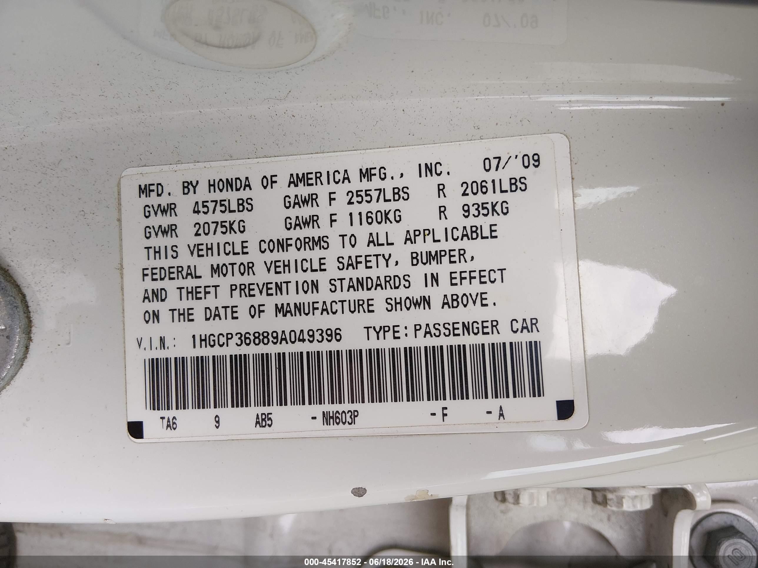 2009 Honda Accord 3.5 Ex-l White vin: 1HGCP36889A049396