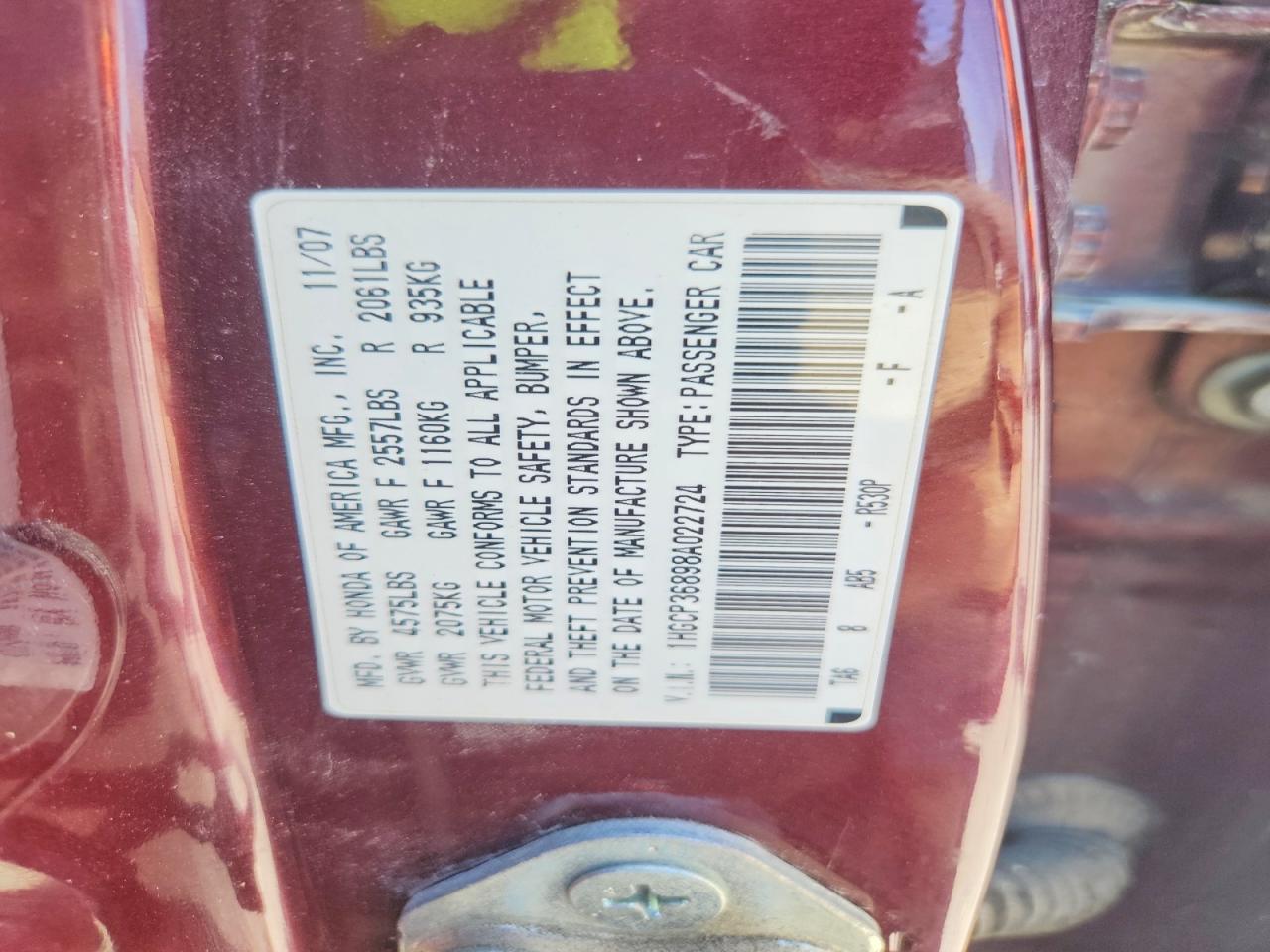2008 Honda Accord Exl Бордовый vin: 1HGCP36898A022724