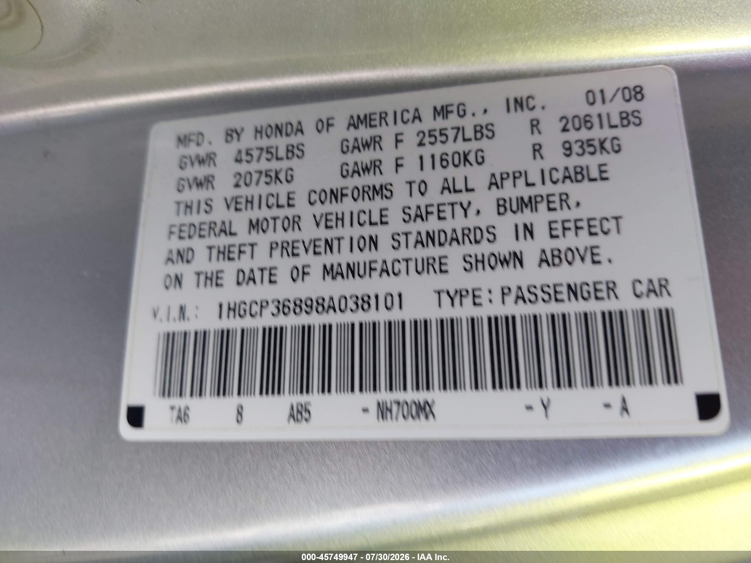 2008 Honda Accord 3.5 Ex-l Silver vin: 1HGCP36898A038101