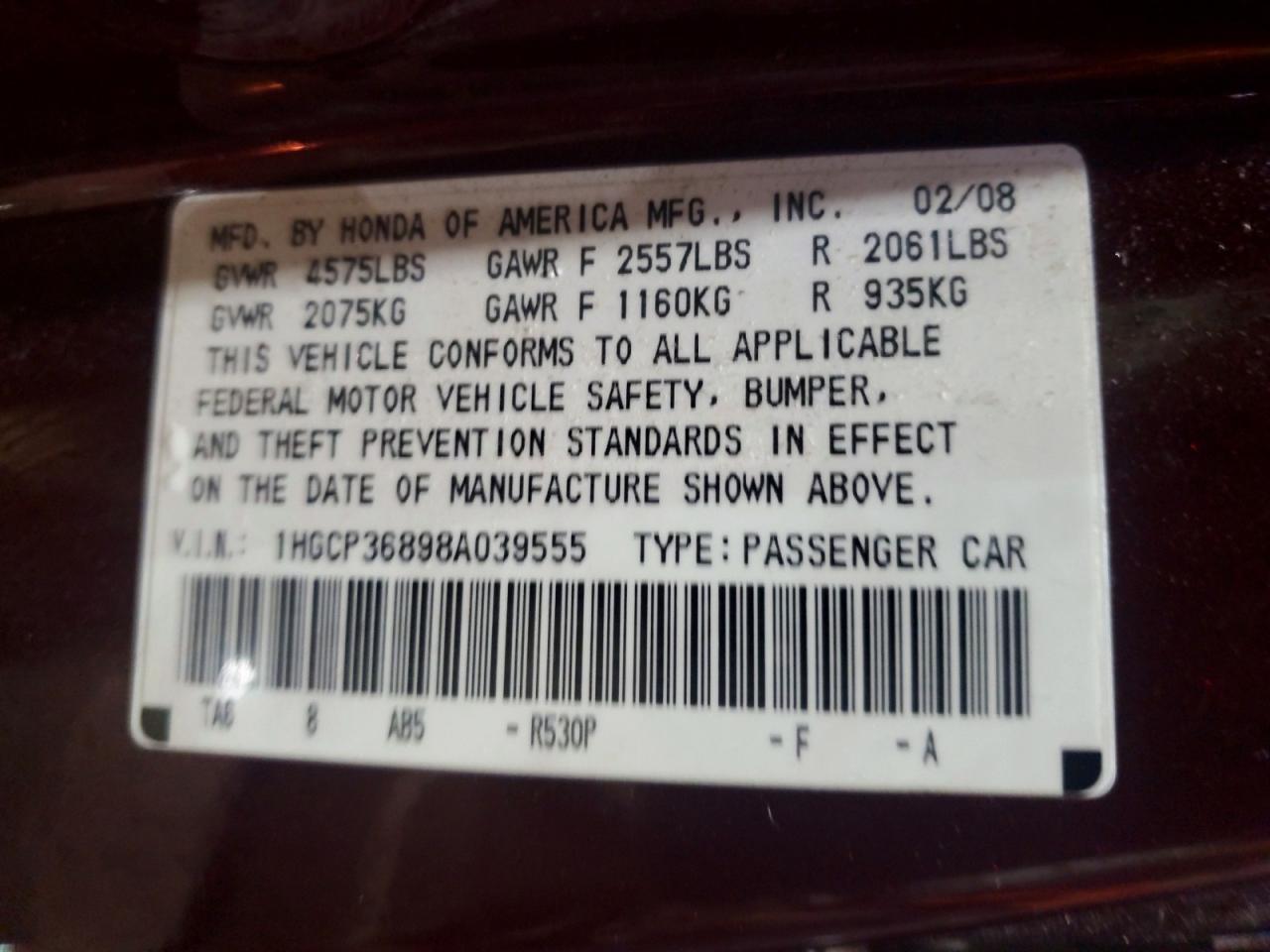 2008 Honda Accord Exl Бордовый vin: 1HGCP36898A039555