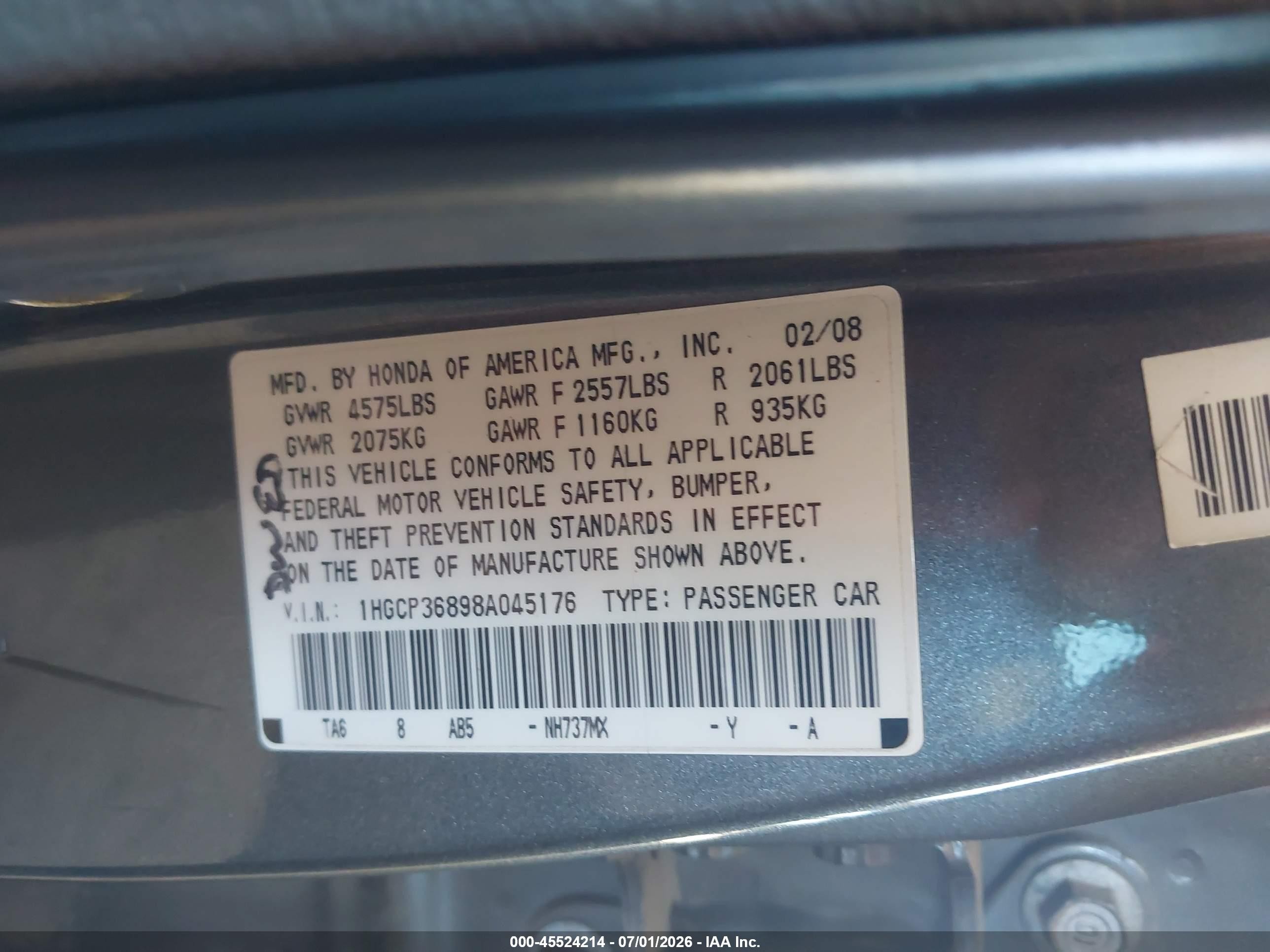 2008 Honda Accord 3.5 Ex-l Gray vin: 1HGCP36898A045176