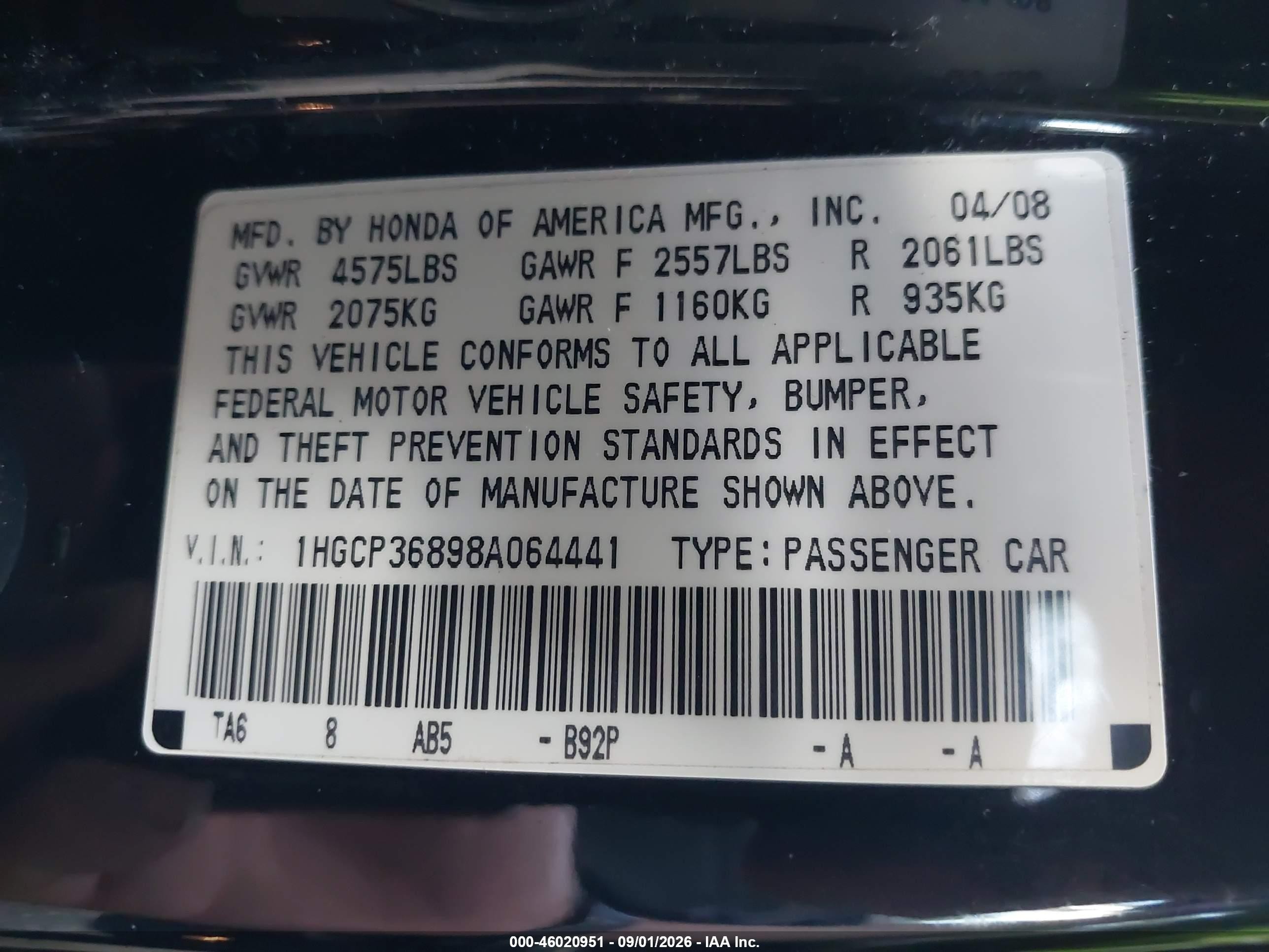 2008 Honda Accord 3.5 Ex-l Black vin: 1HGCP36898A064441