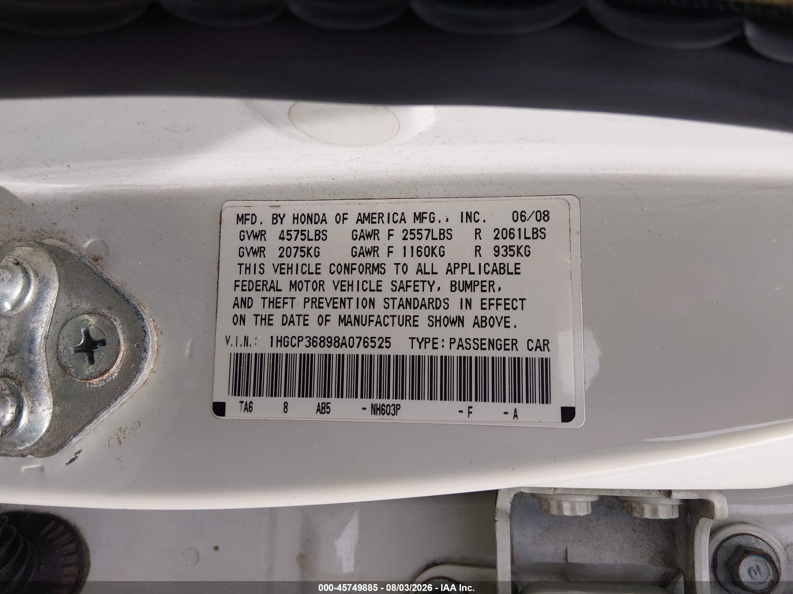 2008 Honda Accord 3.5 Ex-l White vin: 1HGCP36898A076525