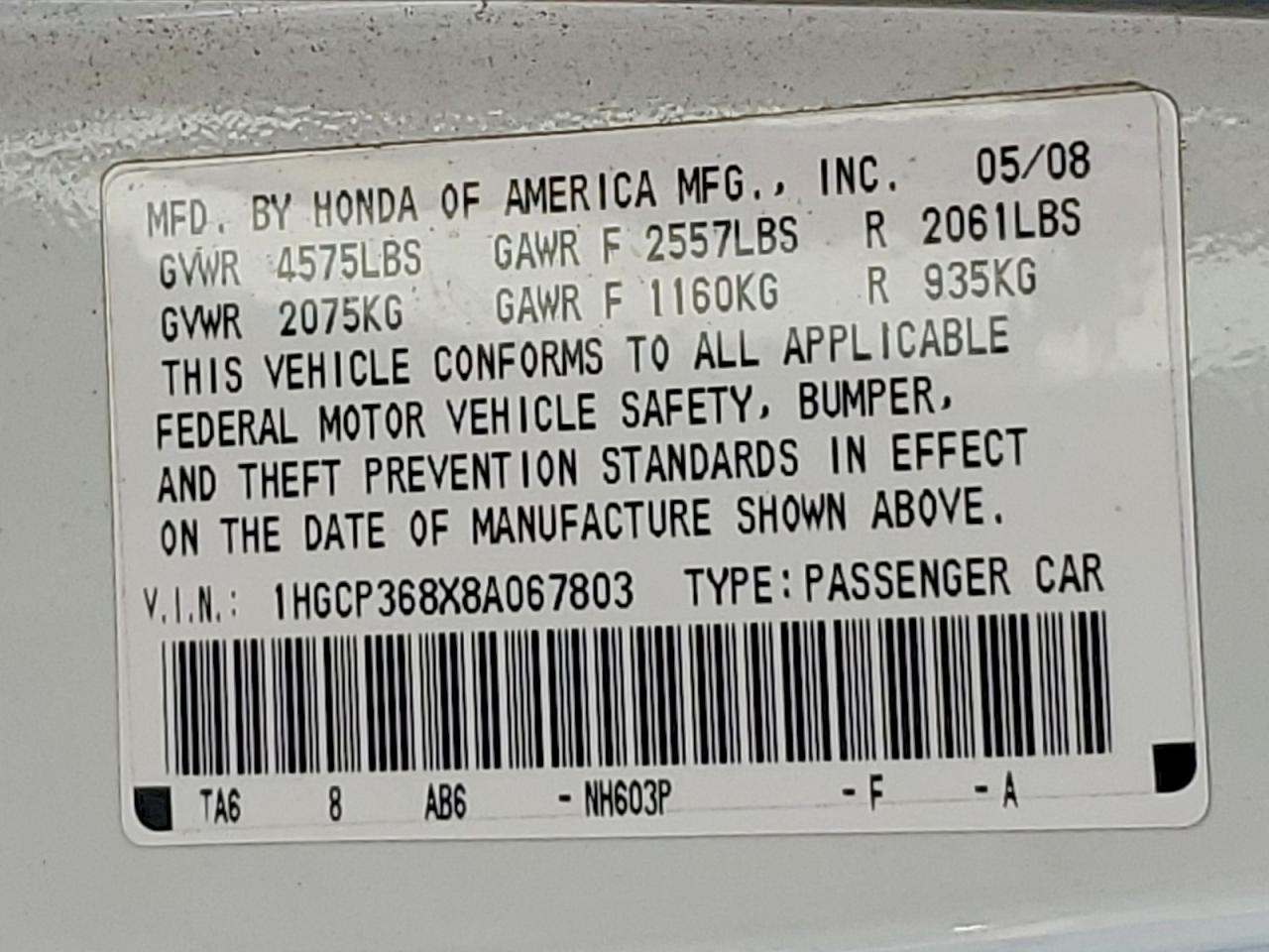 2008 Honda Accord Exl White vin: 1HGCP368X8A067803