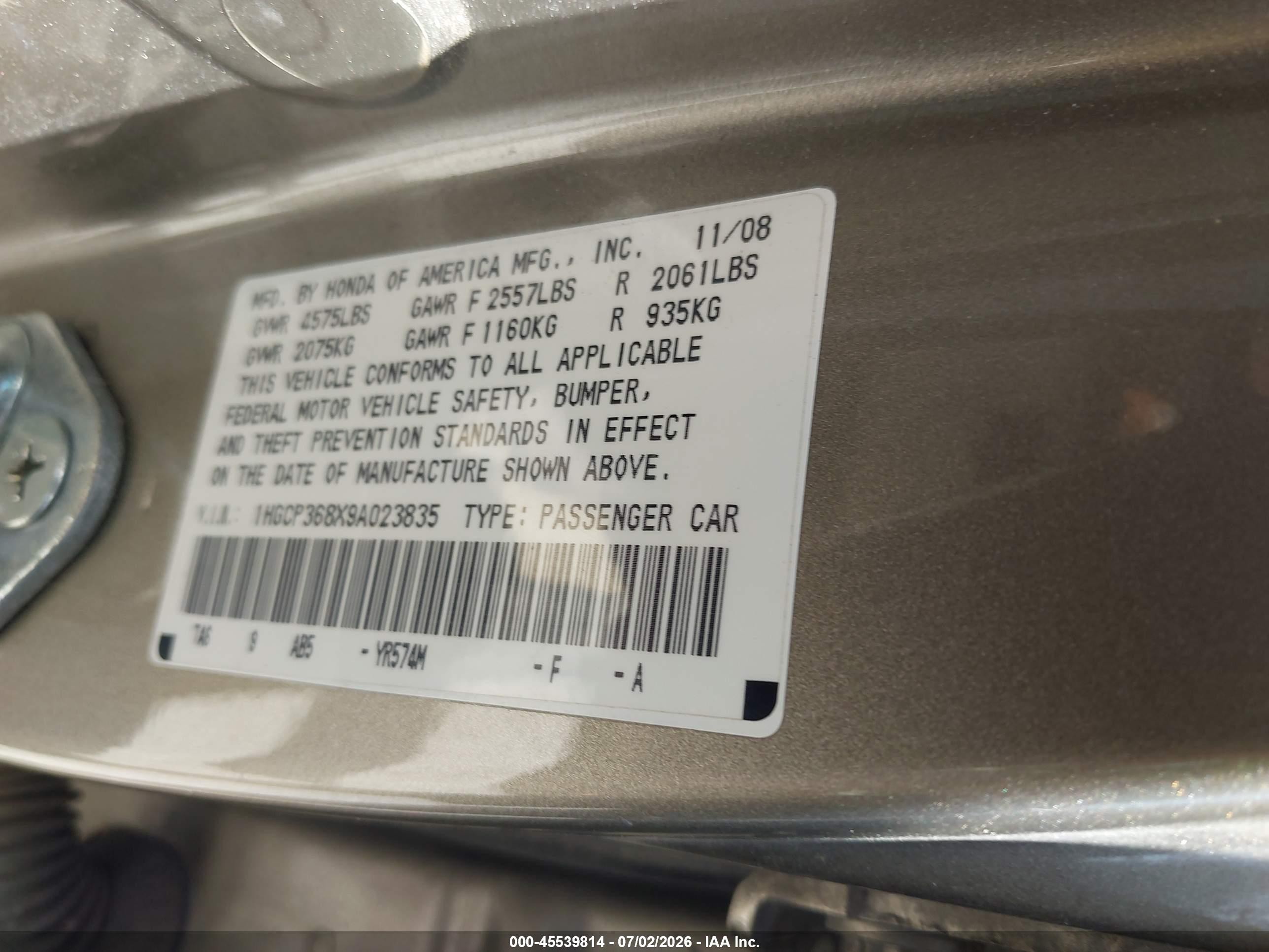 2009 Honda Accord 3.5 Ex-l Gold vin: 1HGCP368X9A023835
