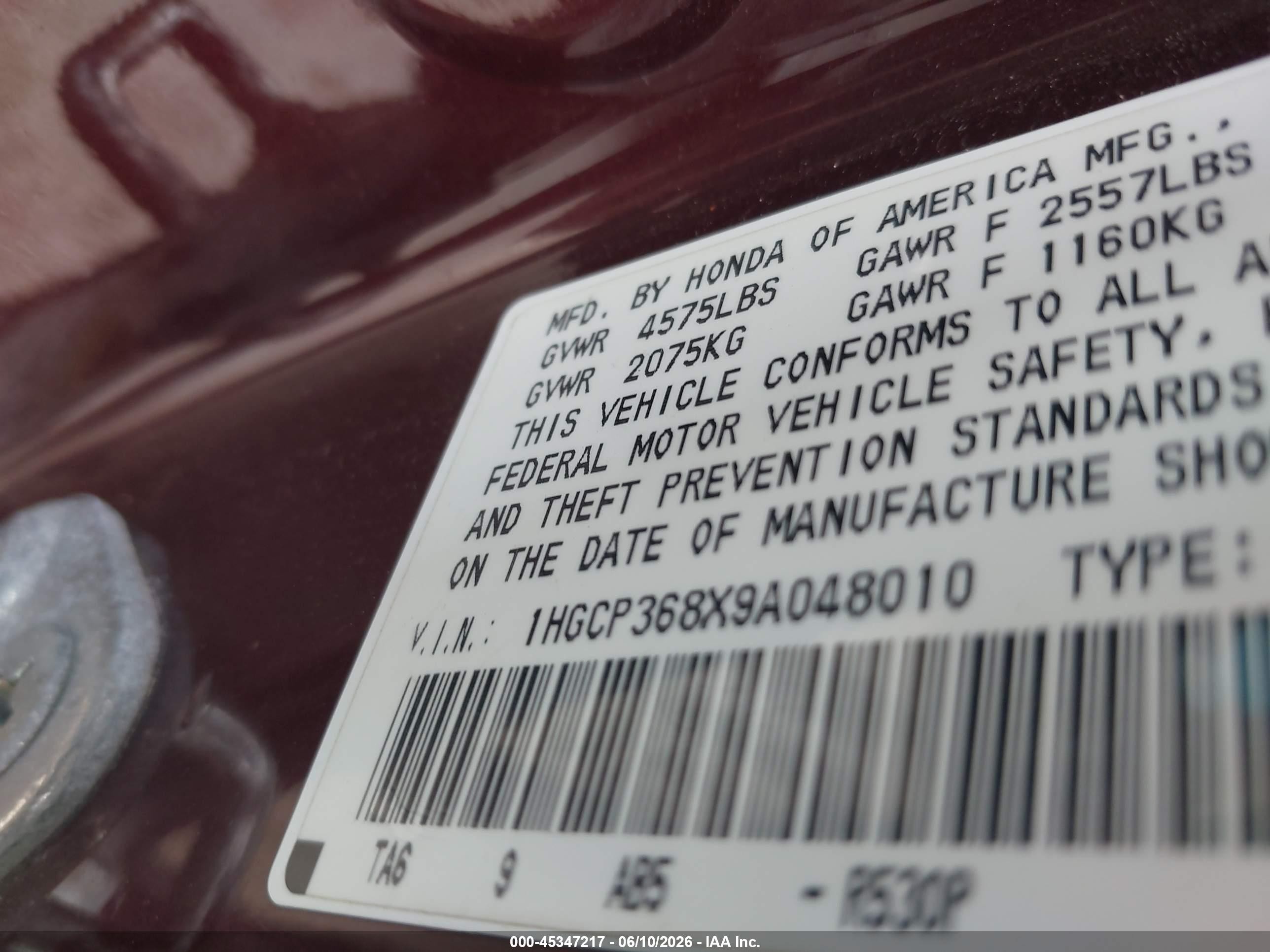 2009 Honda Accord 3.5 Ex-l Burgundy vin: 1HGCP368X9A048010