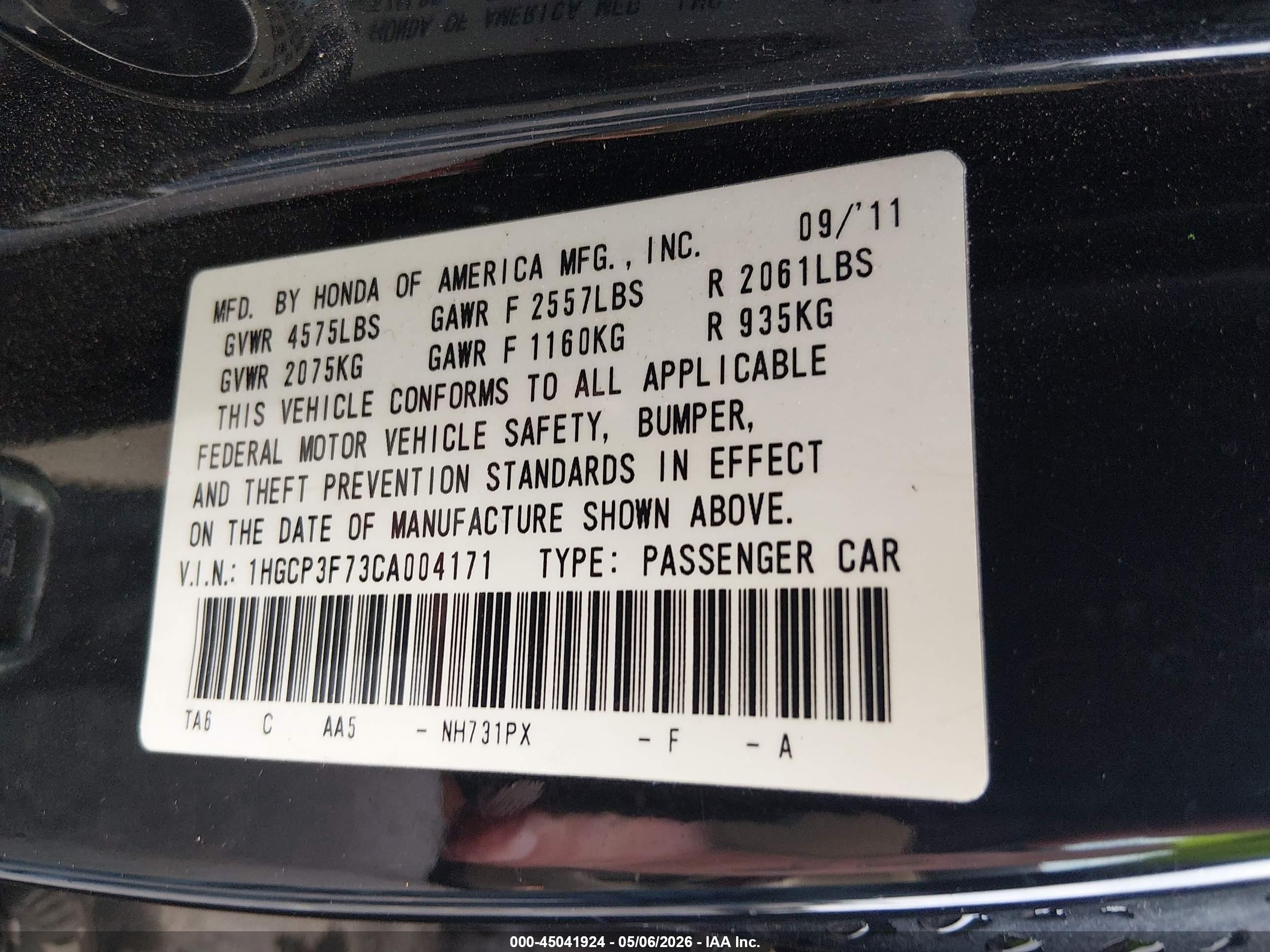 2012 Honda Accord 3.5 Ex Black vin: 1HGCP3F73CA004171