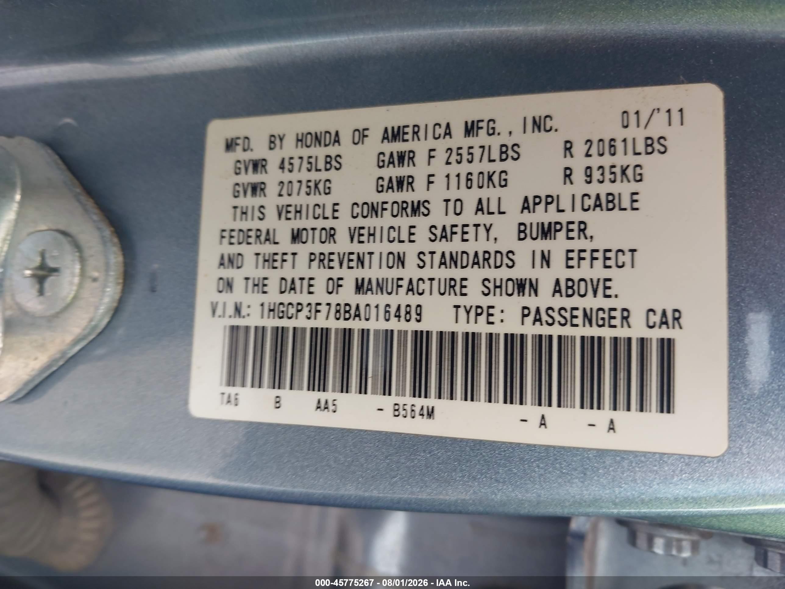 2011 Honda Accord 3.5 Ex Light Blue vin: 1HGCP3F78BA016489