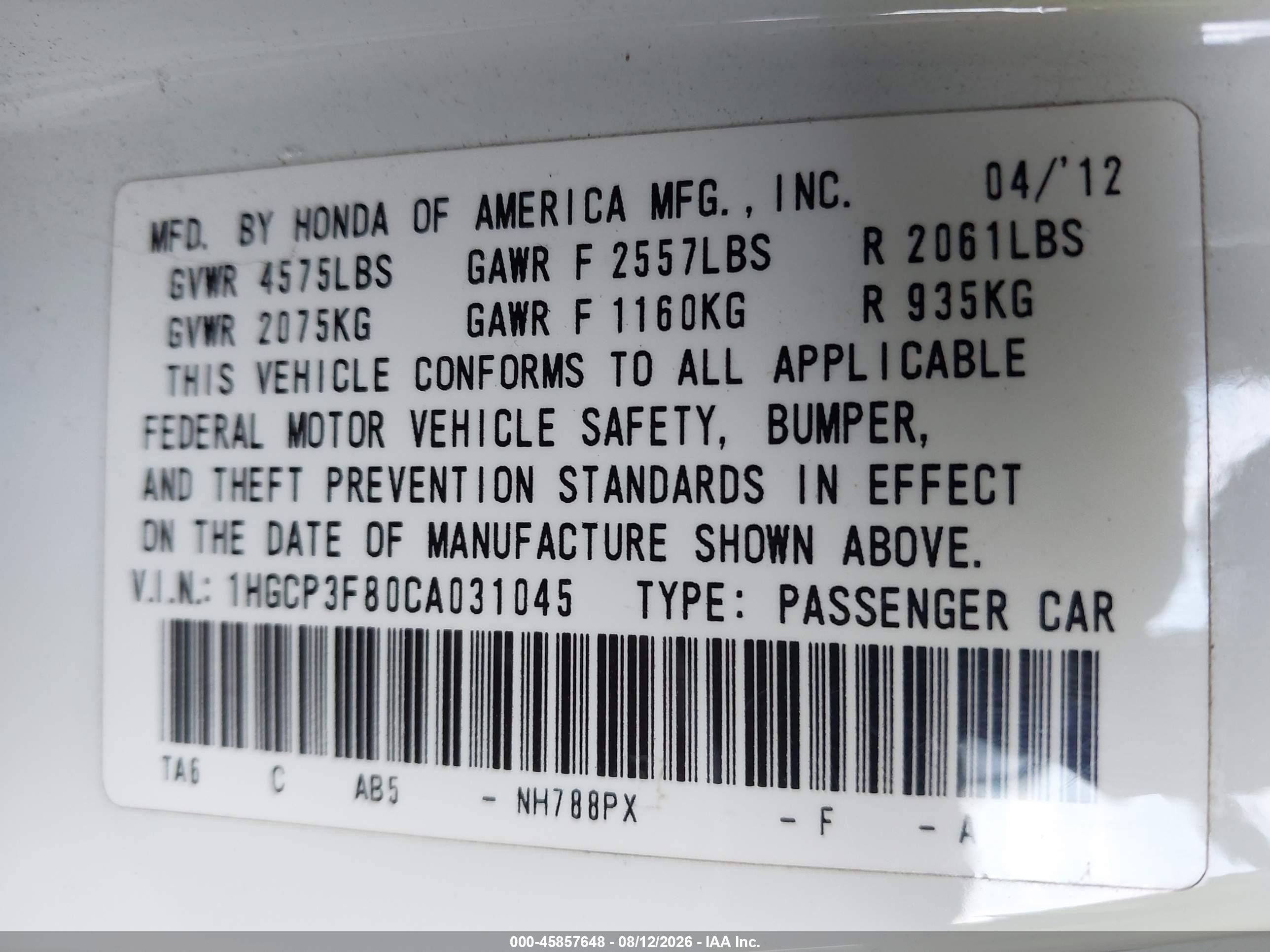 2012 Honda Accord 3.5 Ex-l Белый vin: 1HGCP3F80CA031045