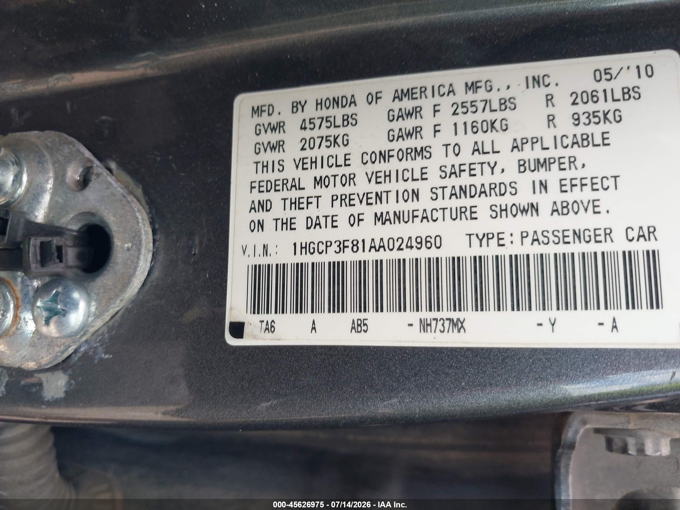 2010 Honda Accord 3.5 Ex-l Gray vin: 1HGCP3F81AA024960