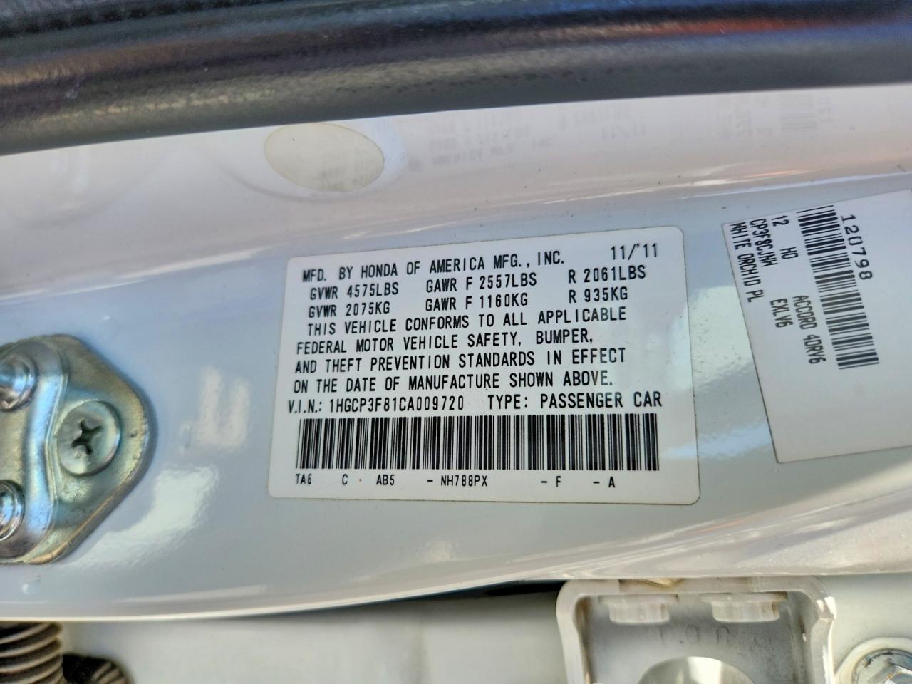 2012 Honda Accord Exl White vin: 1HGCP3F81CA009720
