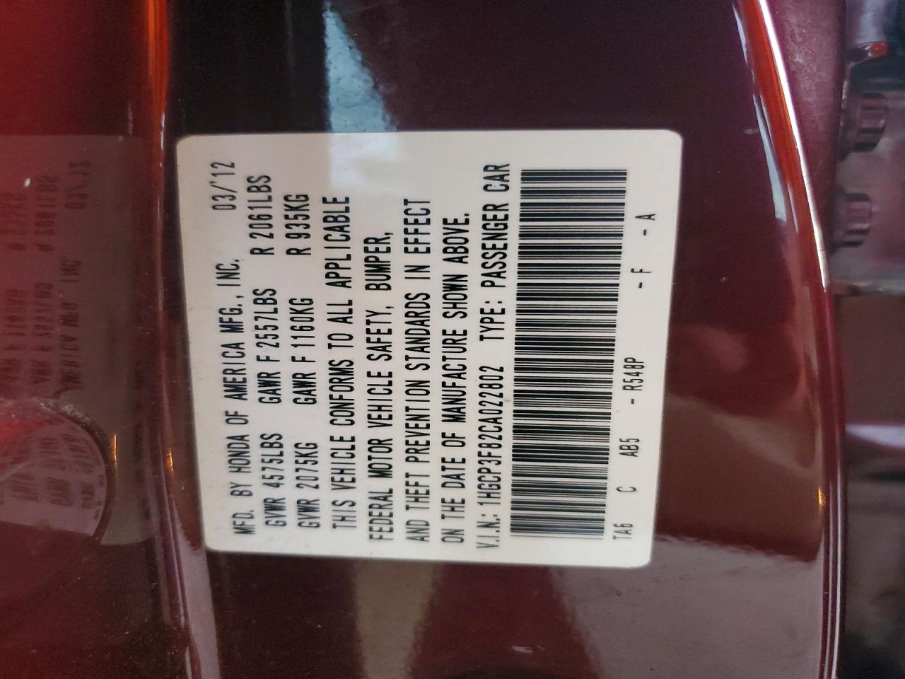 2012 Honda Accord Exl Maroon vin: 1HGCP3F82CA022802