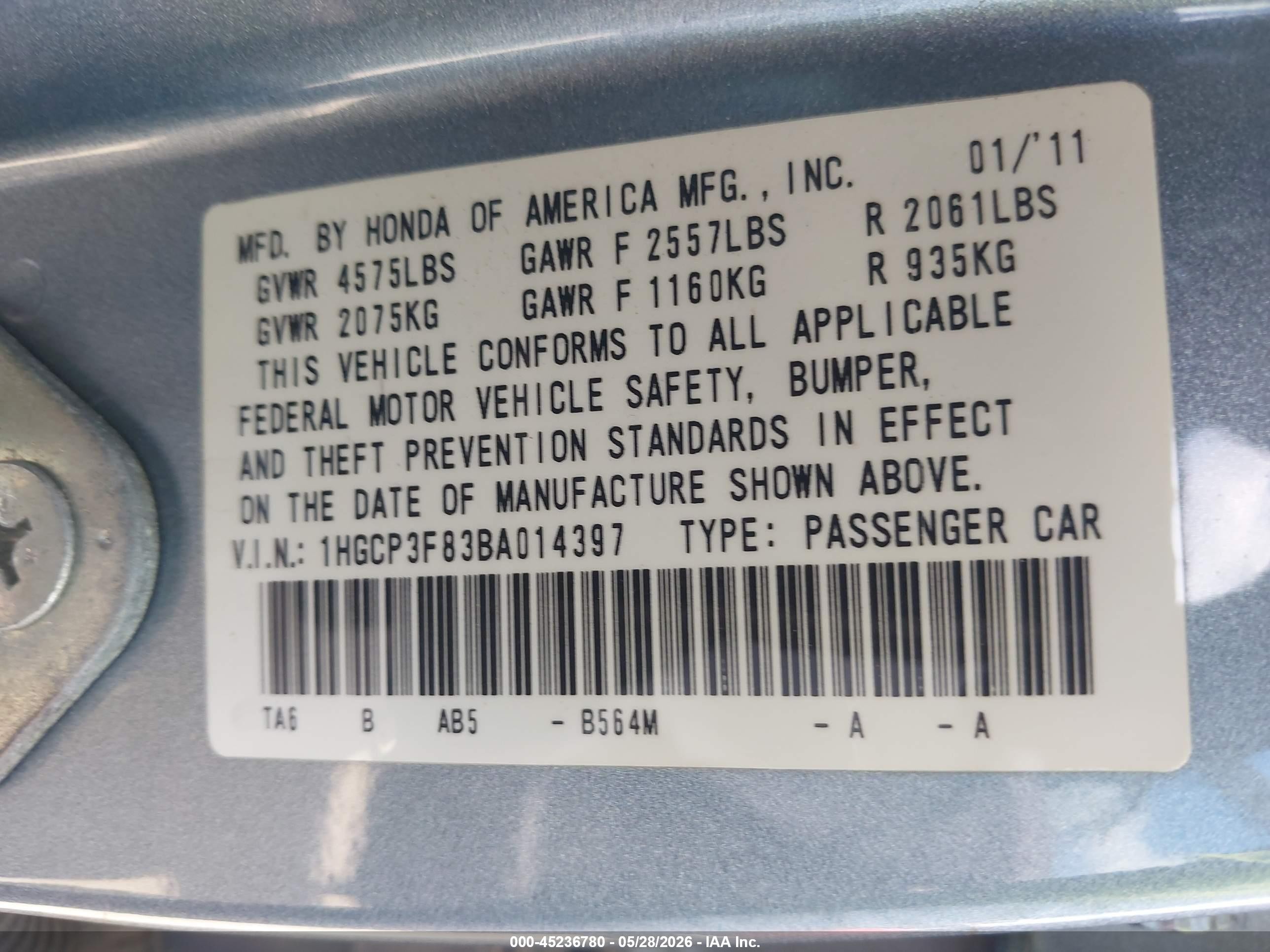 2011 Honda Accord 3.5 Ex-l Light Blue vin: 1HGCP3F83BA014397