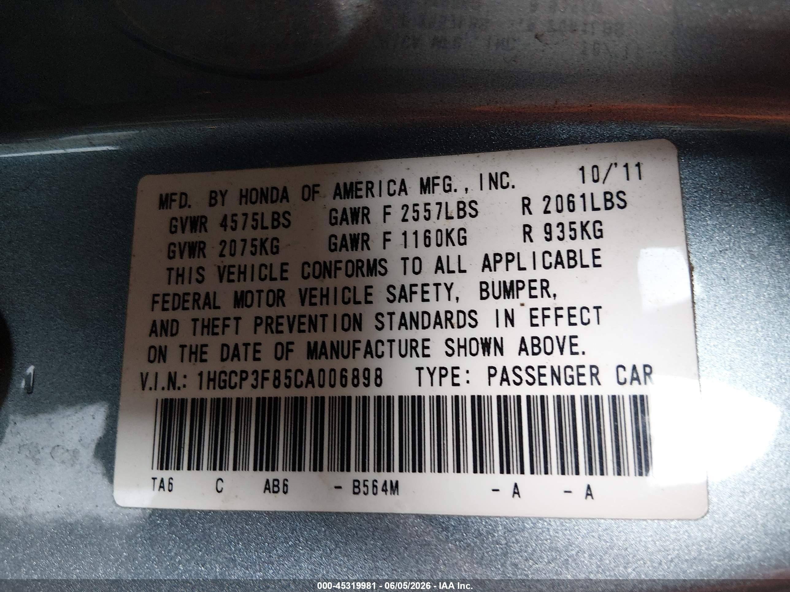 2012 Honda Accord 3.5 Ex-l Light Blue vin: 1HGCP3F85CA006898