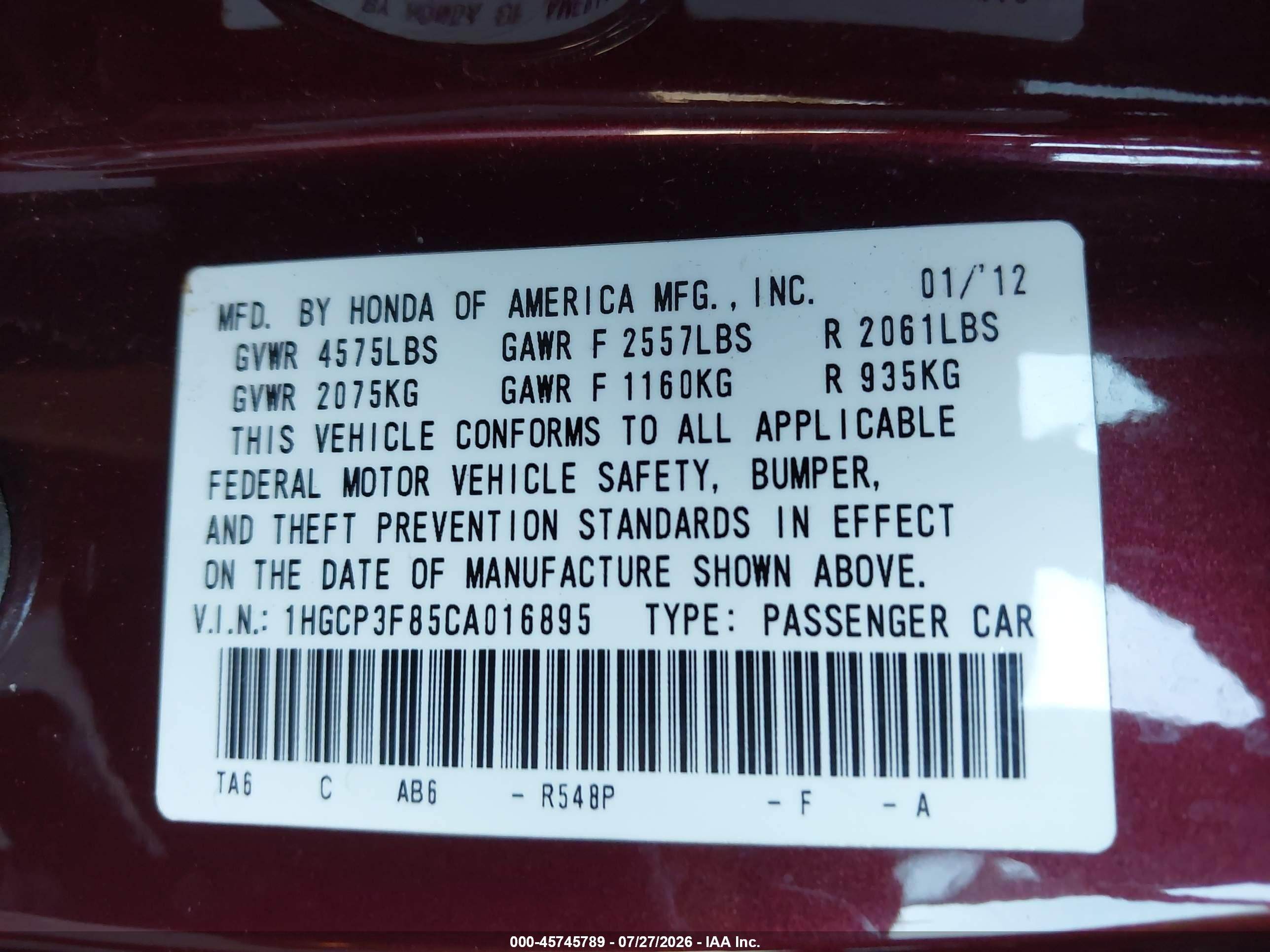 2012 Honda Accord 3.5 Ex-l Бордовый vin: 1HGCP3F85CA016895