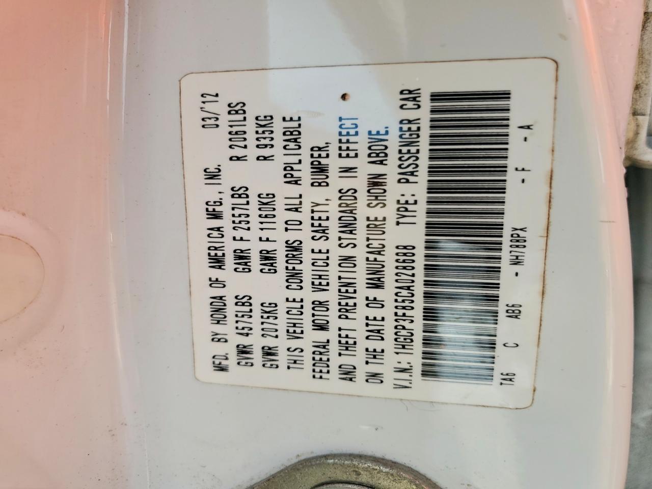2012 Honda Accord Exl White vin: 1HGCP3F85CA028688