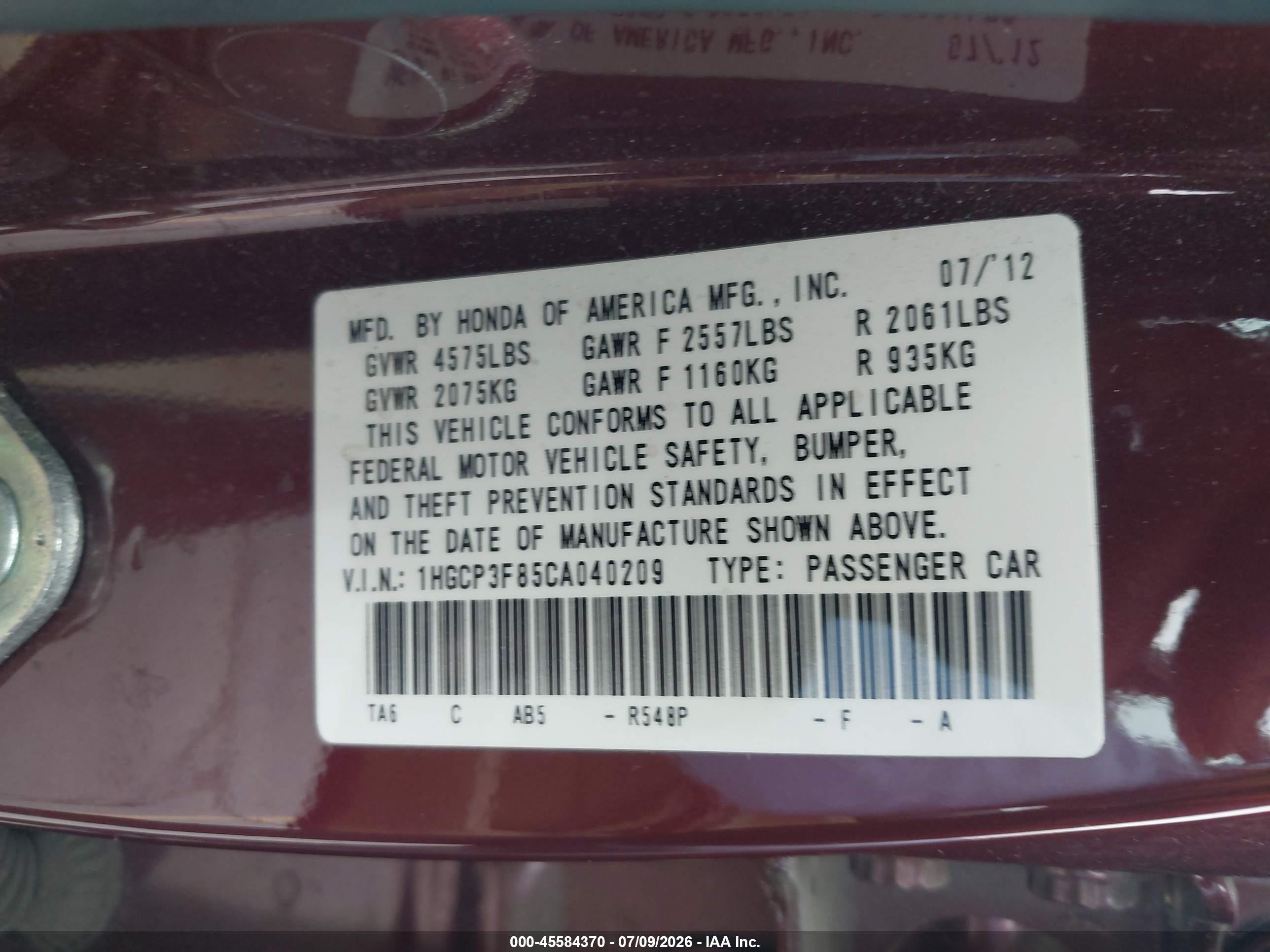2012 Honda Accord 3.5 Ex-l Burgundy vin: 1HGCP3F85CA040209