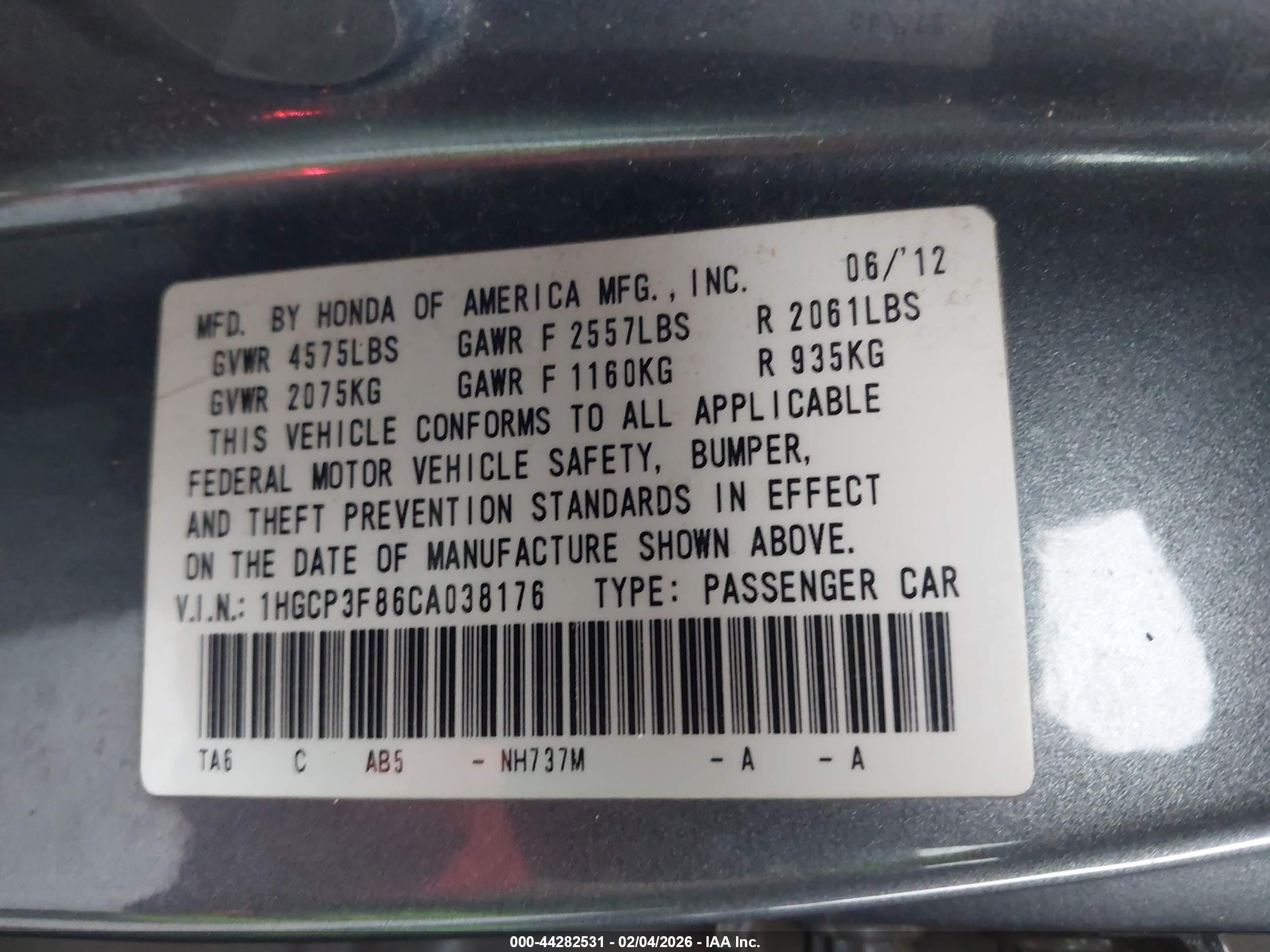 2012 Honda Accord Sdn   Gray vin: 1HGCP3F86CA038176
