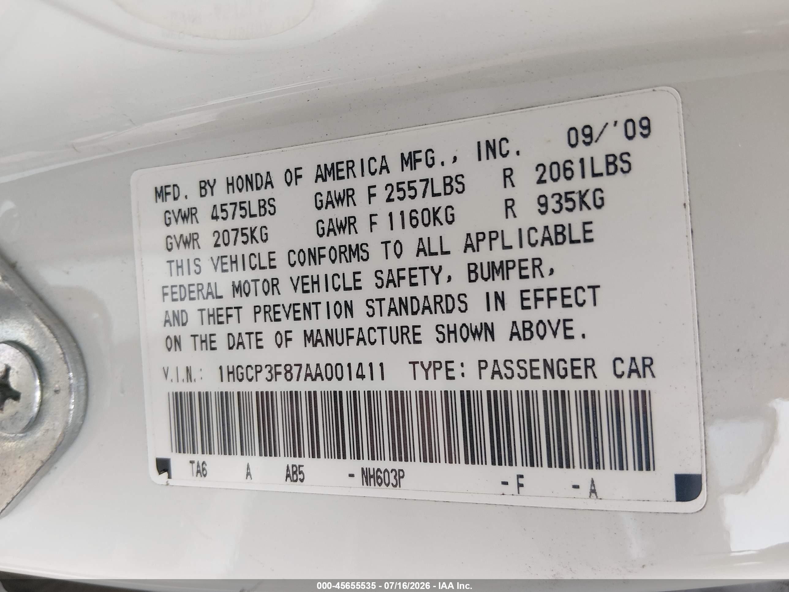 2010 Honda Accord 3.5 Ex-l White vin: 1HGCP3F87AA001411