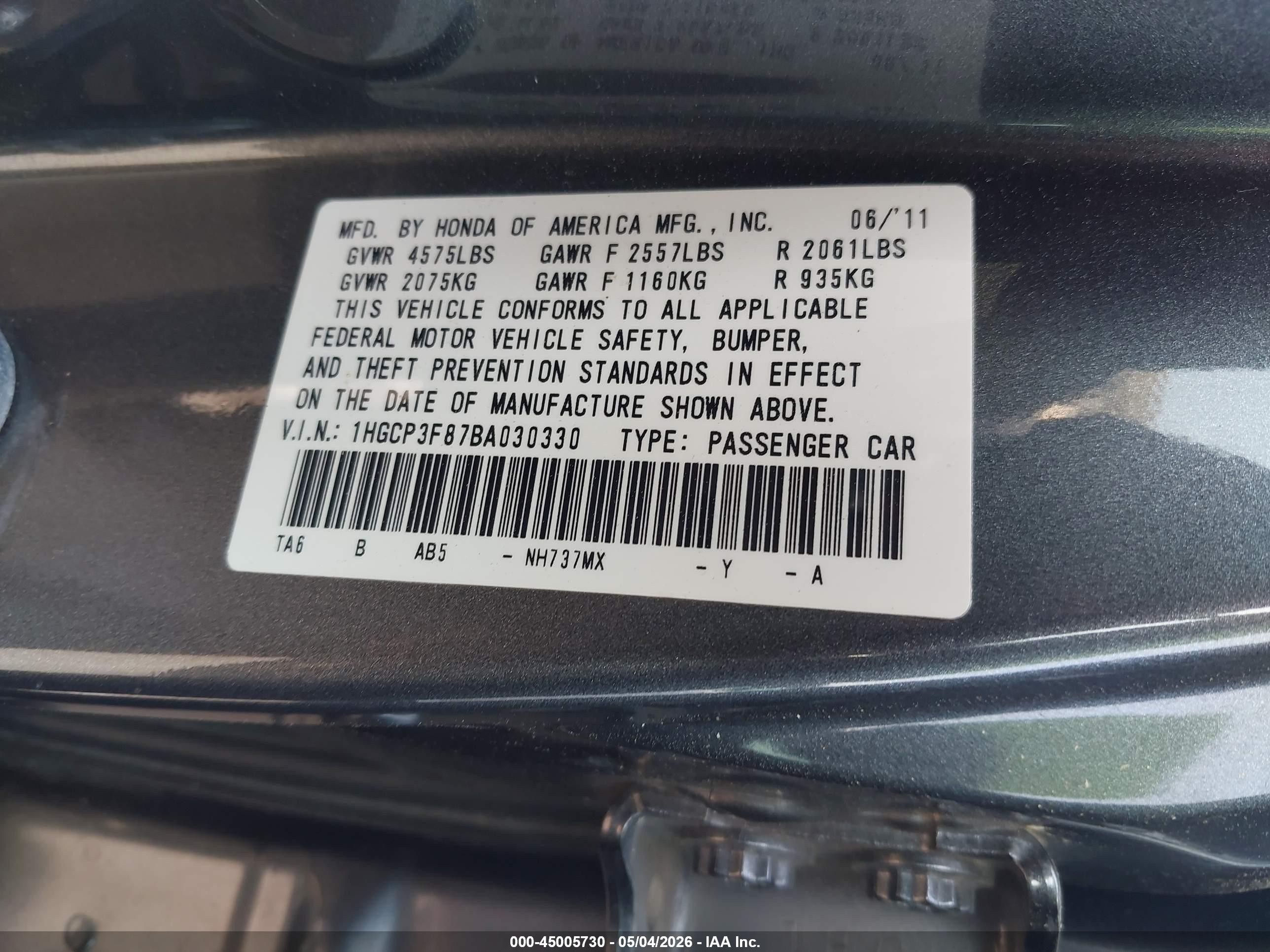 2011 Honda Accord 3.5 Ex-l Серый vin: 1HGCP3F87BA030330