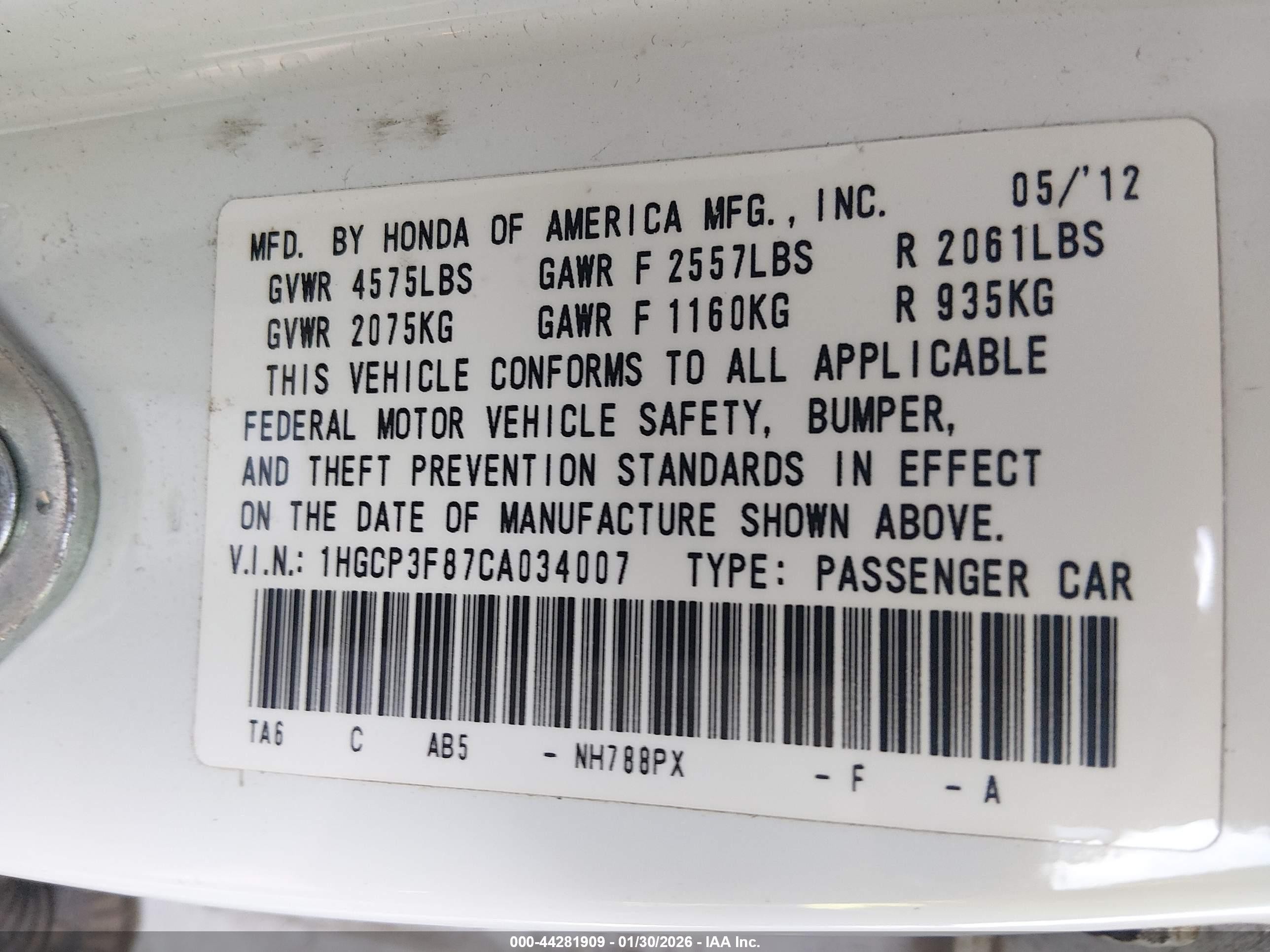 2012 Honda Accord Sdn 3.5 Ex-l/ex-l White vin: 1HGCP3F87CA034007