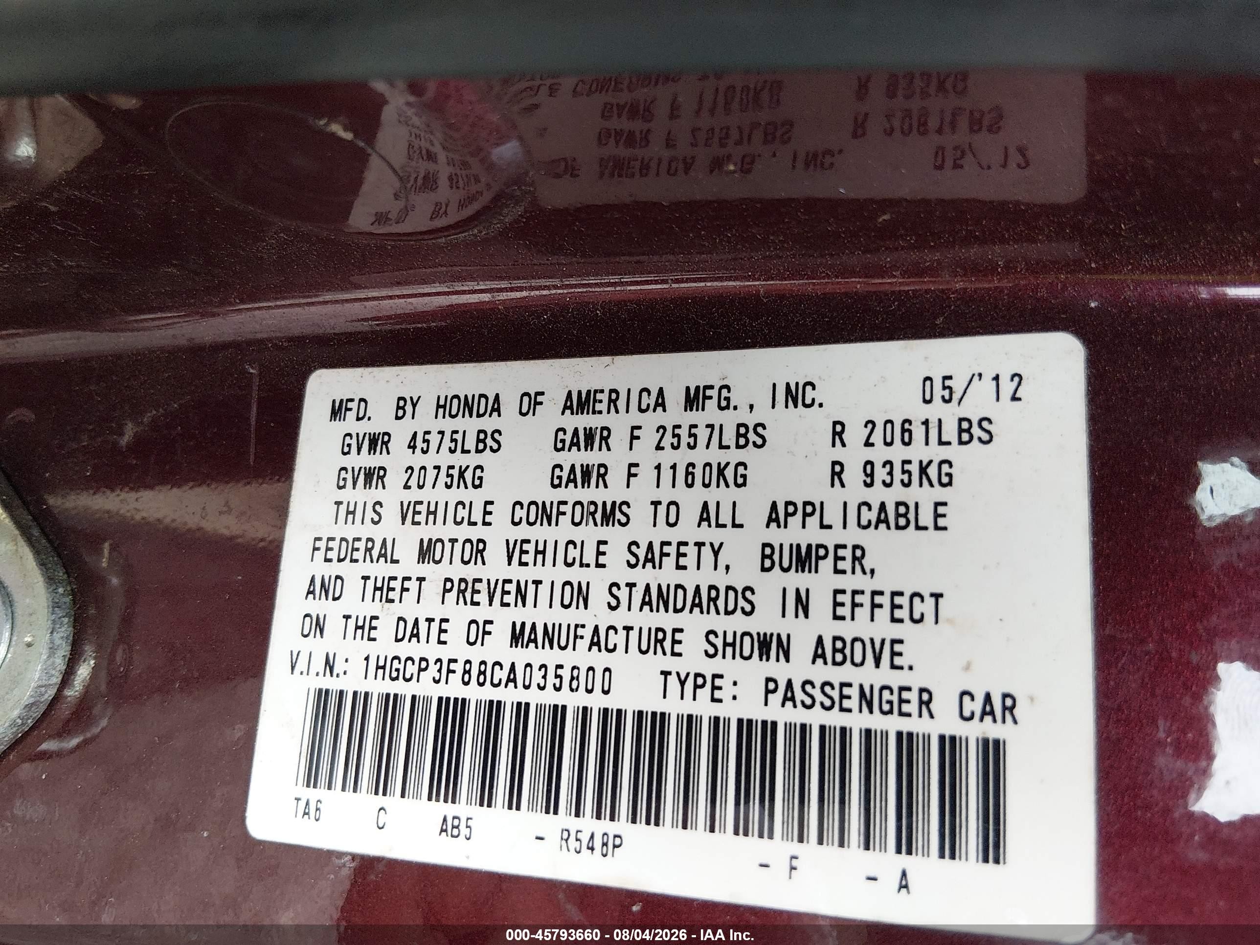 2012 Honda Accord 3.5 Ex-l Бордовый vin: 1HGCP3F88CA035800