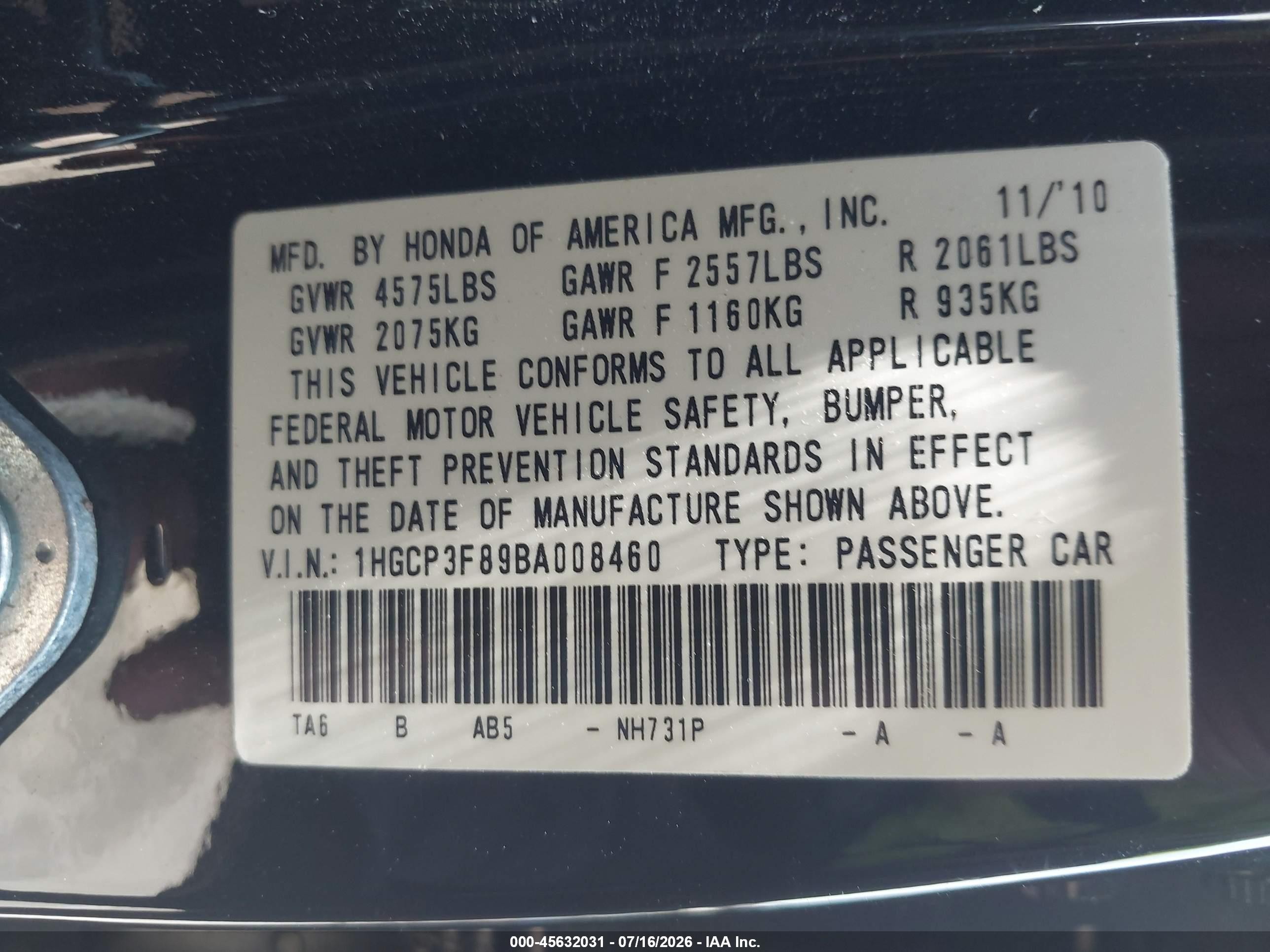 2011 Honda Accord 3.5 Ex-l Black vin: 1HGCP3F89BA008460