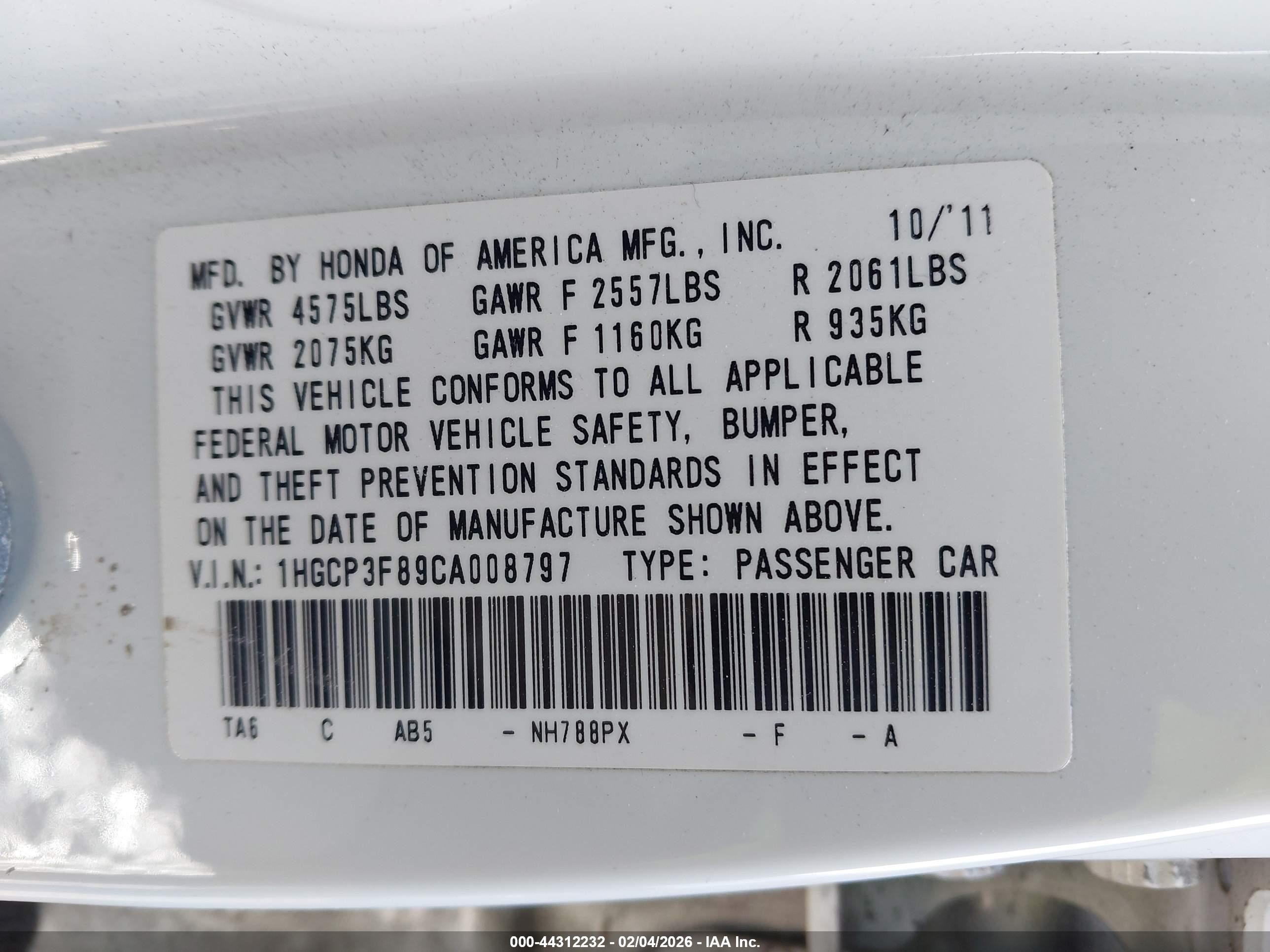 2012 Honda Accord Sdn 3.5 Ex-l/ex-l White vin: 1HGCP3F89CA008797
