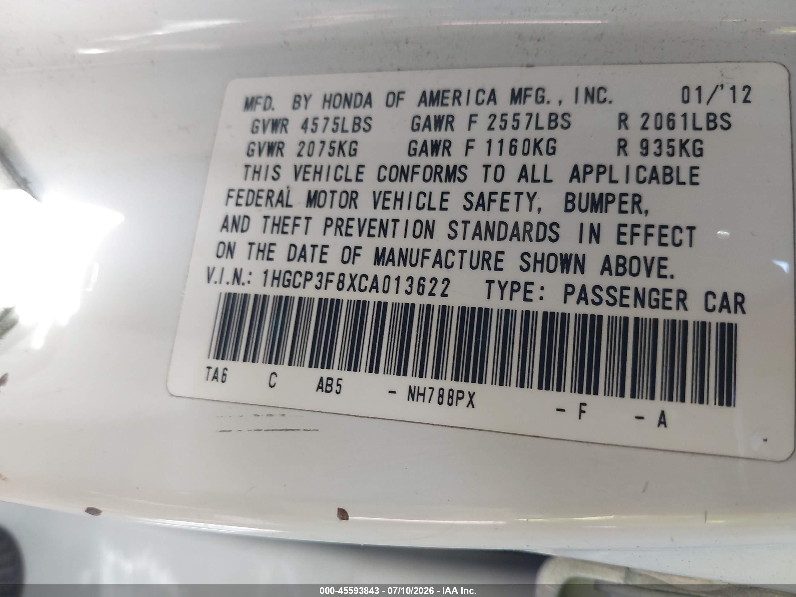 2012 Honda Accord 3.5 Ex-l White vin: 1HGCP3F8XCA013622
