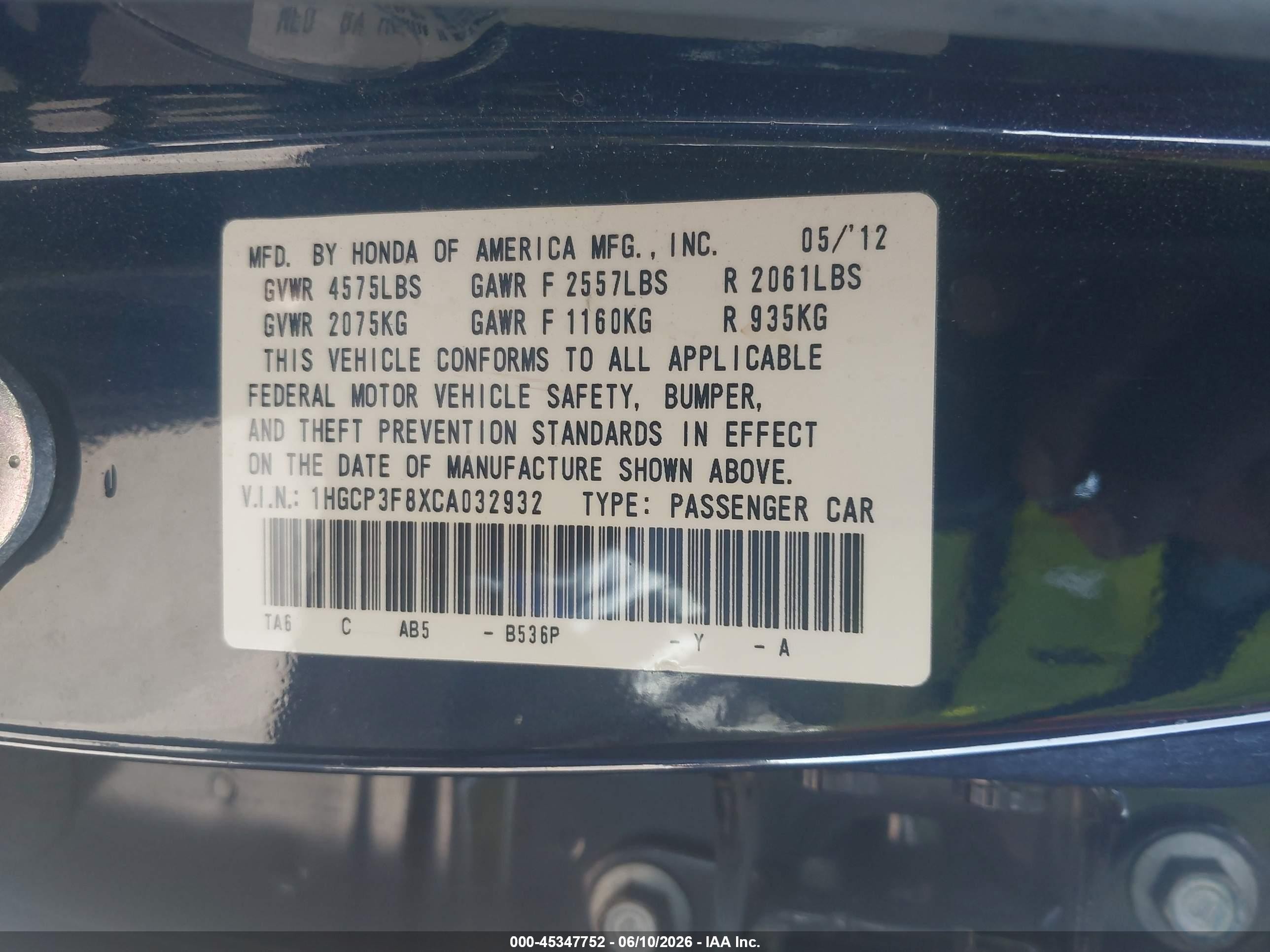 2012 Honda Accord 3.5 Ex-l Blue vin: 1HGCP3F8XCA032932