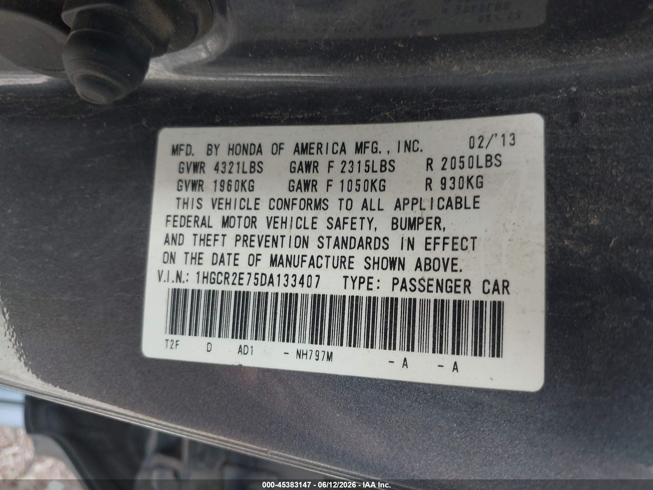 2013 Honda Accord Ex Gray vin: 1HGCR2E75DA133407