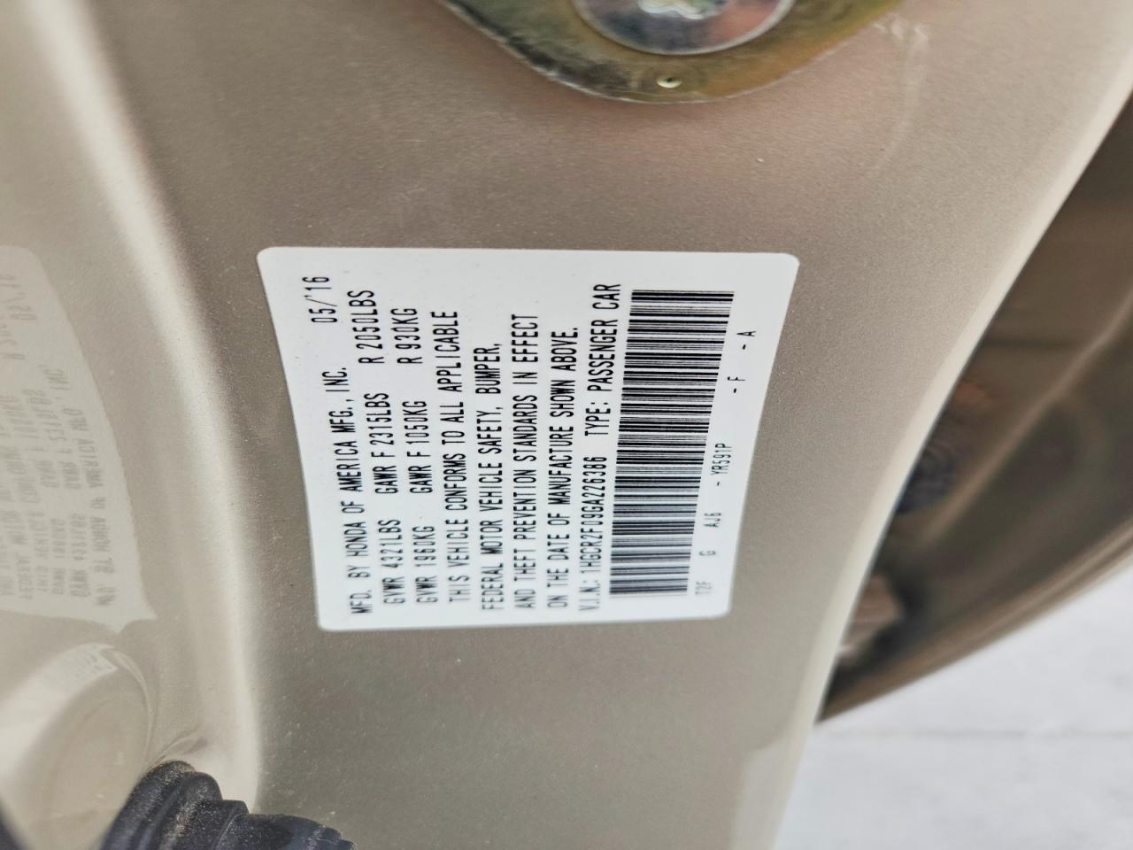 2016 Honda Accord Ex Tan vin: 1HGCR2F09GA226386