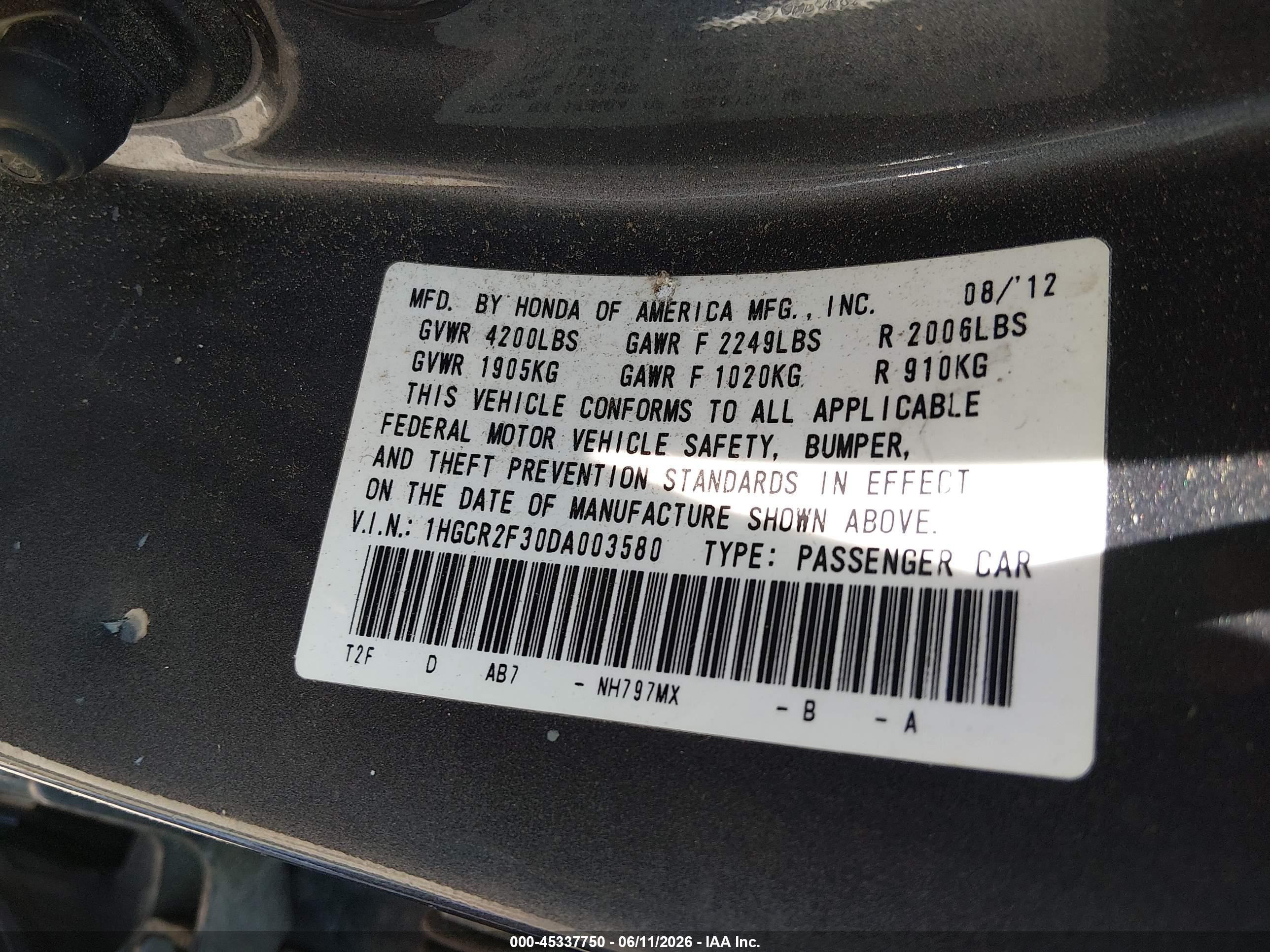 2013 Honda Accord Lx Gray vin: 1HGCR2F30DA003580
