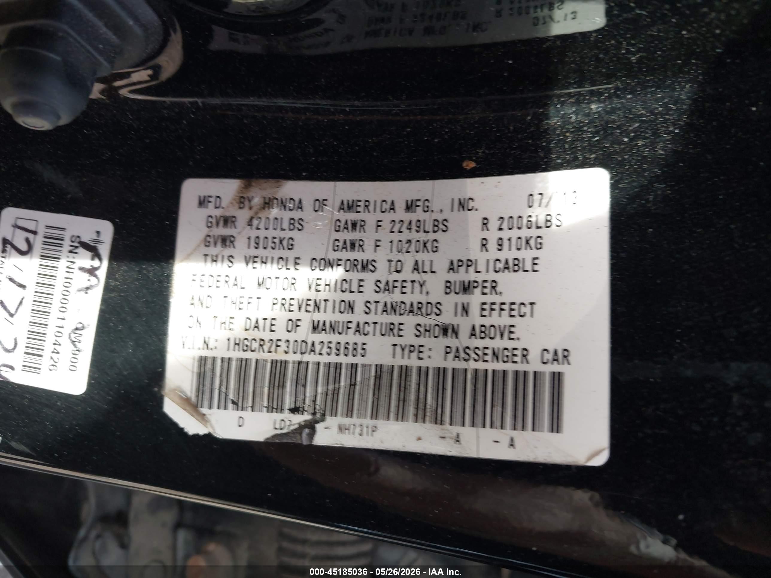 2013 Honda Accord Lx Black vin: 1HGCR2F30DA259685