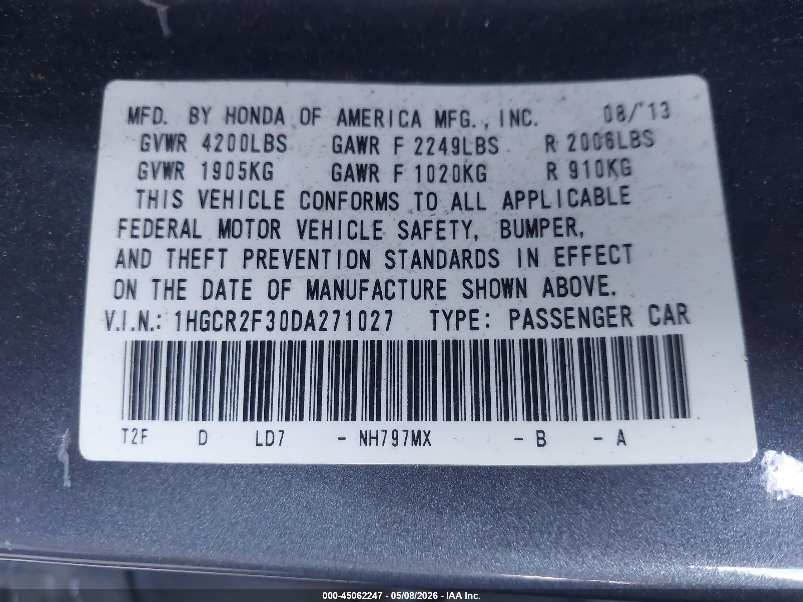 2013 Honda Accord Lx Gray vin: 1HGCR2F30DA271027
