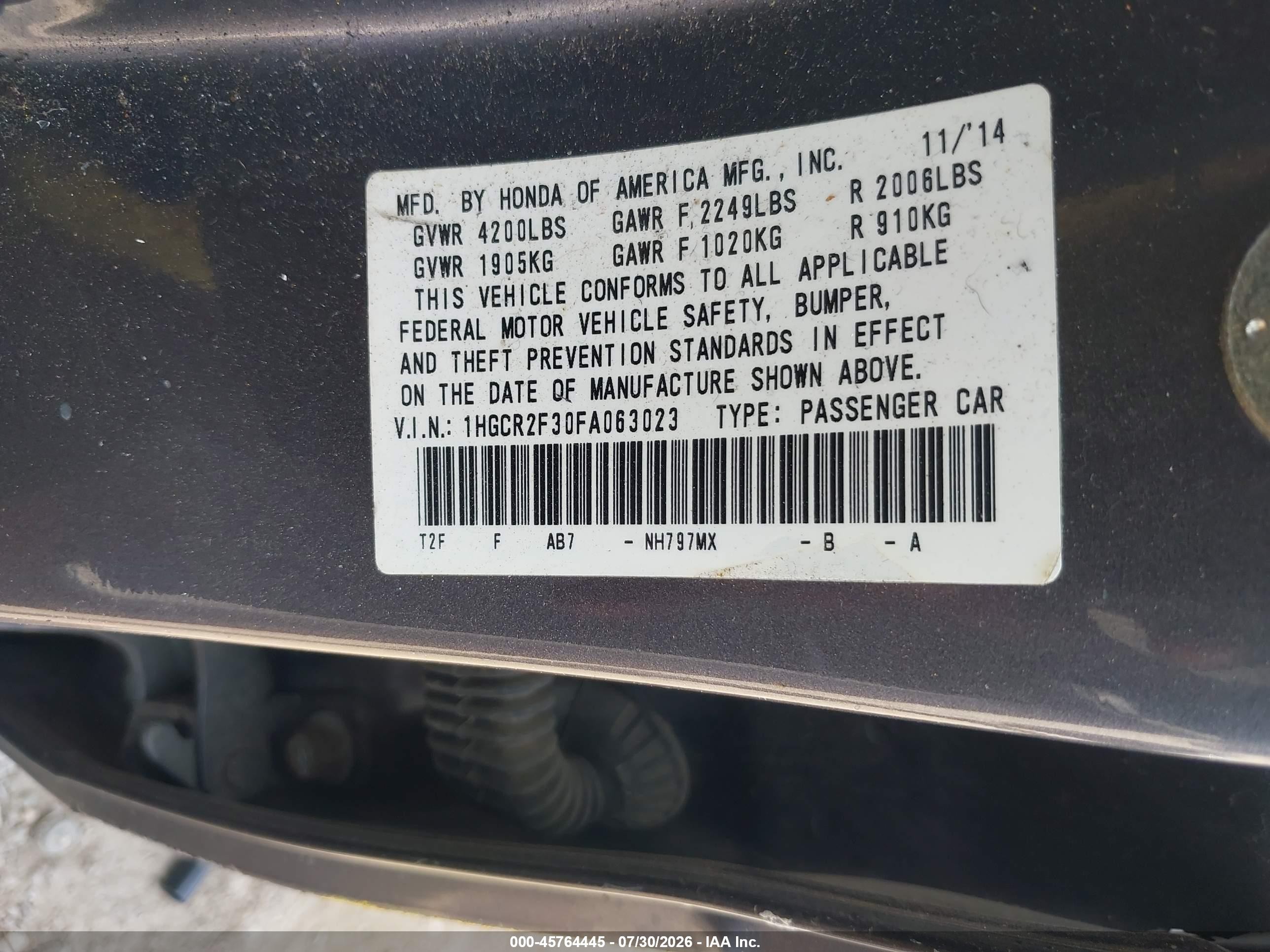 2015 Honda Accord Lx Gray vin: 1HGCR2F30FA063023
