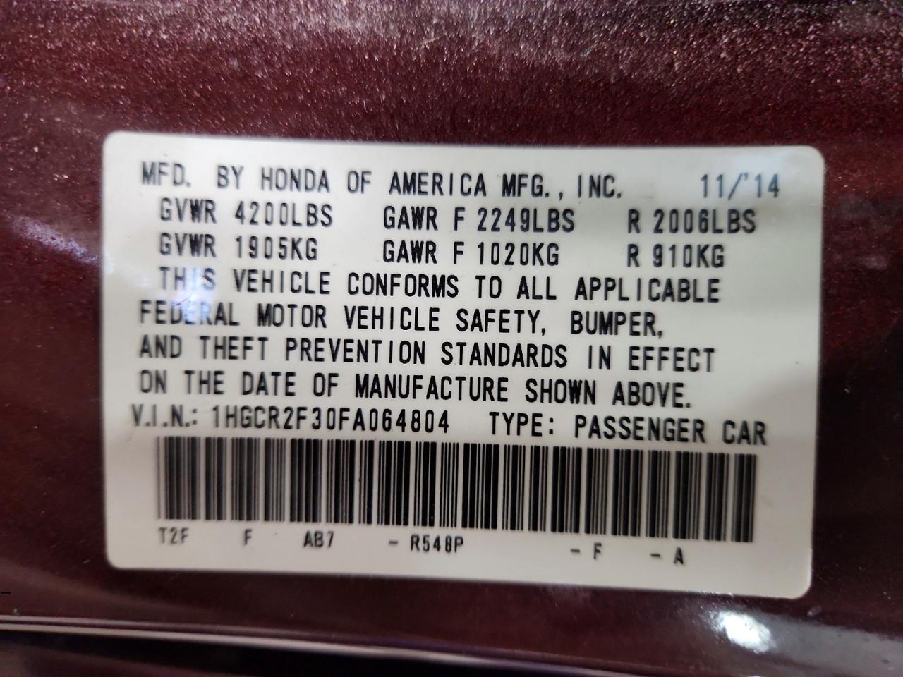 2015 Honda Accord Lx Burgundy vin: 1HGCR2F30FA064804