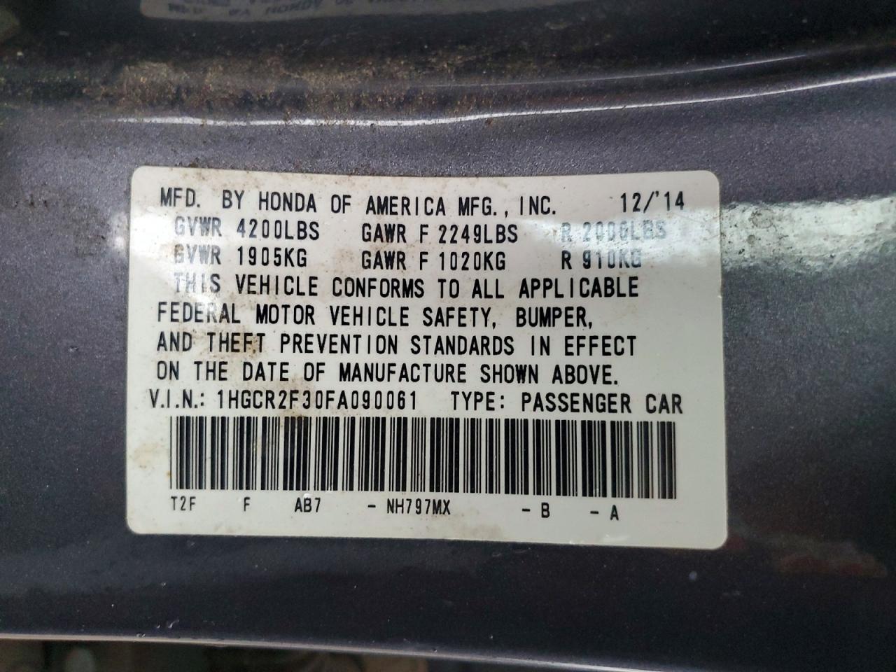 2015 Honda Accord Gray vin: 1HGCR2F30FA090061