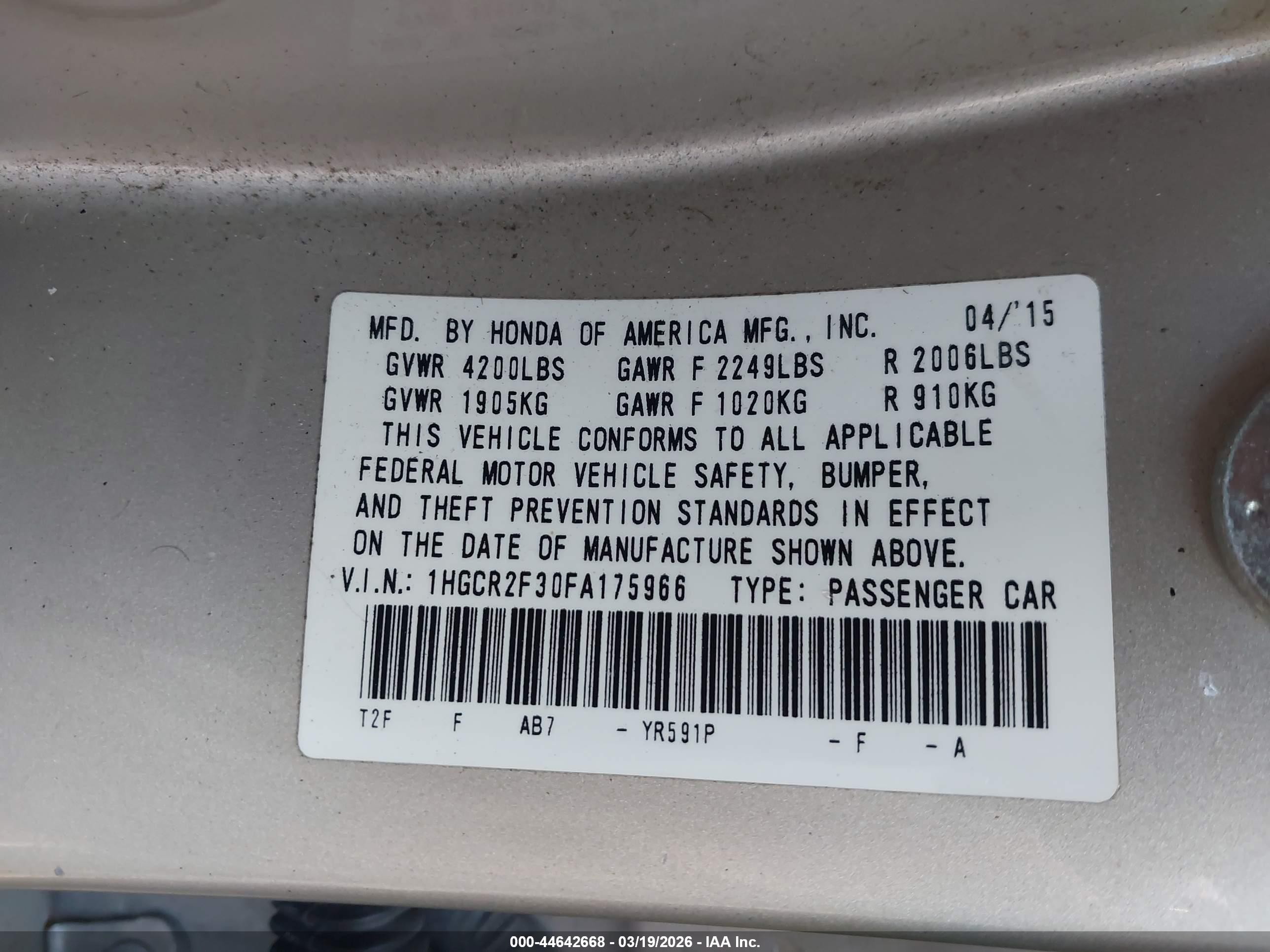 2015 Honda Accord Lx Gold vin: 1HGCR2F30FA175966
