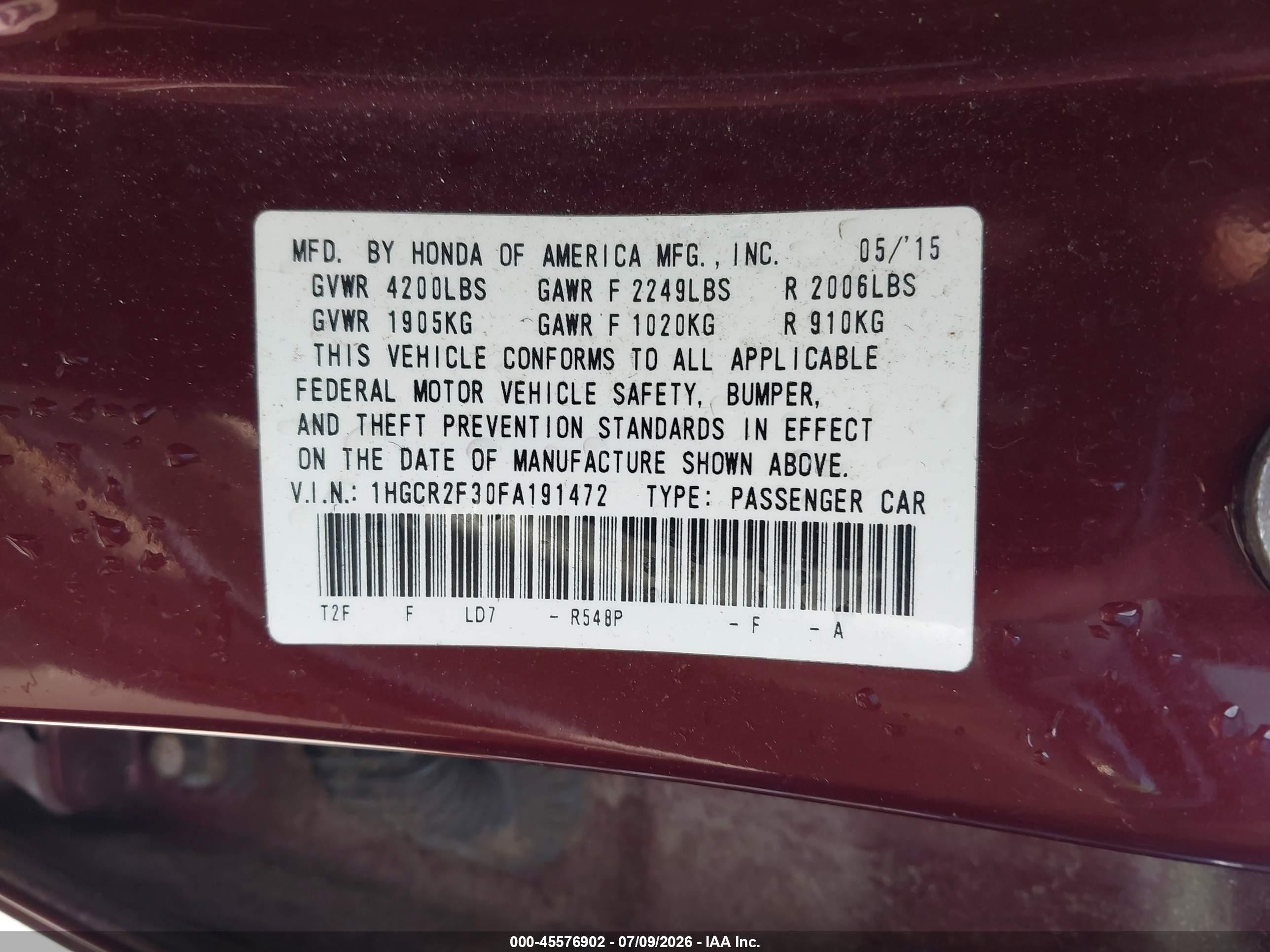 2015 Honda Accord Lx Бордовый vin: 1HGCR2F30FA191472