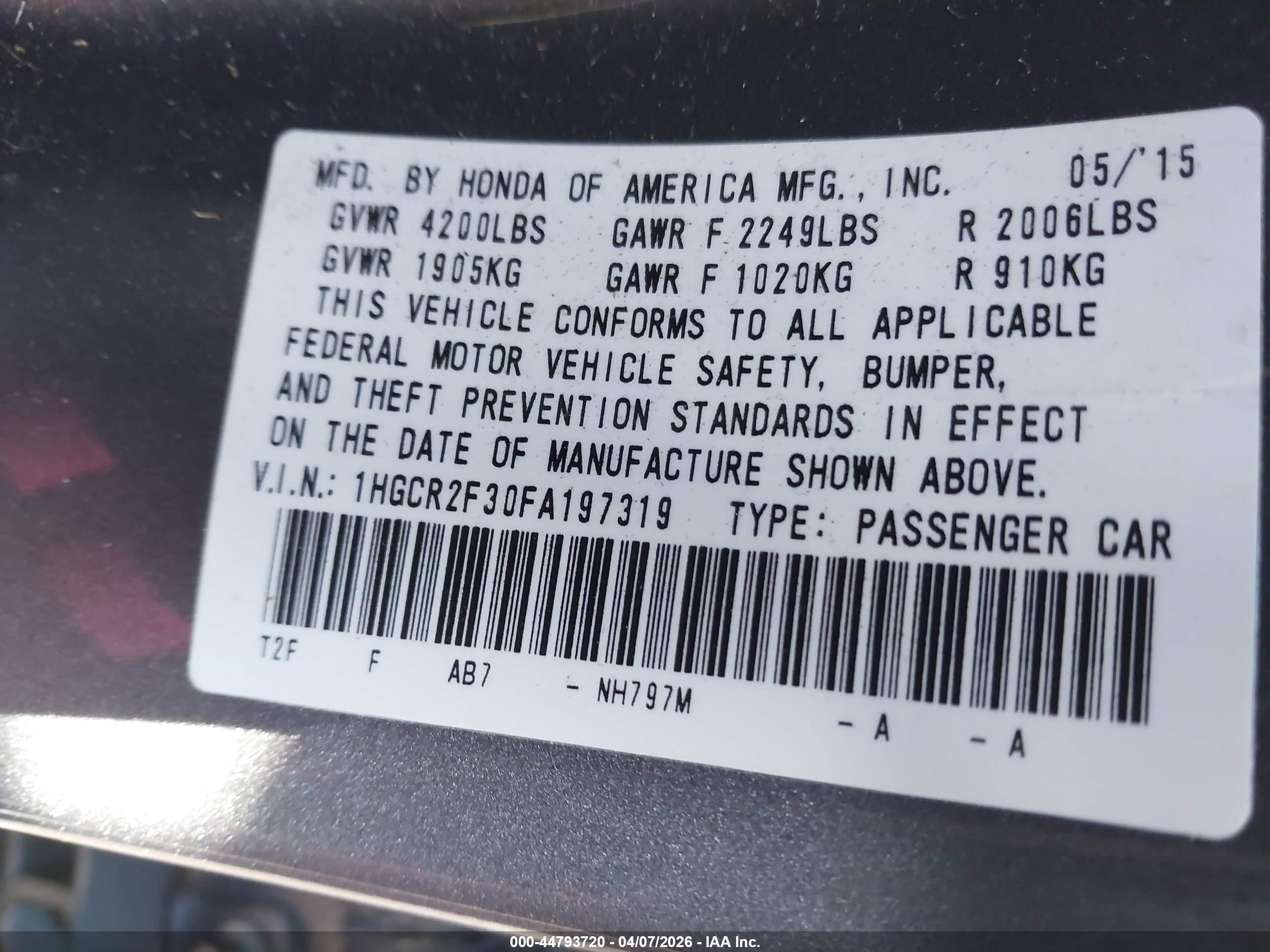 2015 Honda Accord Lx Gray vin: 1HGCR2F30FA197319